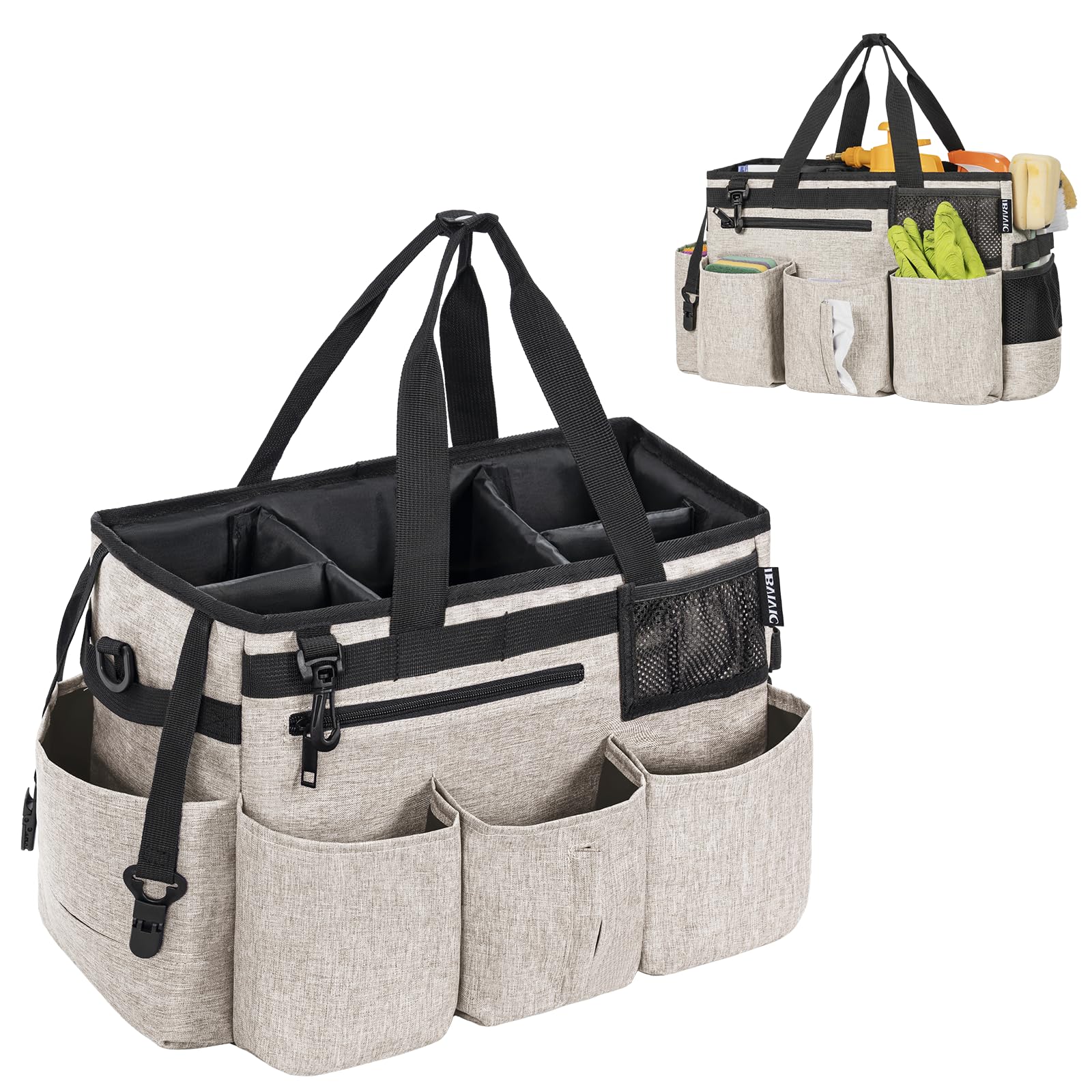 OUUTMEE Torba do czyszczenia 20 x 38 x 26 cm, z wyjmowaną przegródką, torba do czyszczenia, przenośny organizer na środki czyszczące, z regulowanym paskiem na ramię, beżowa, duża