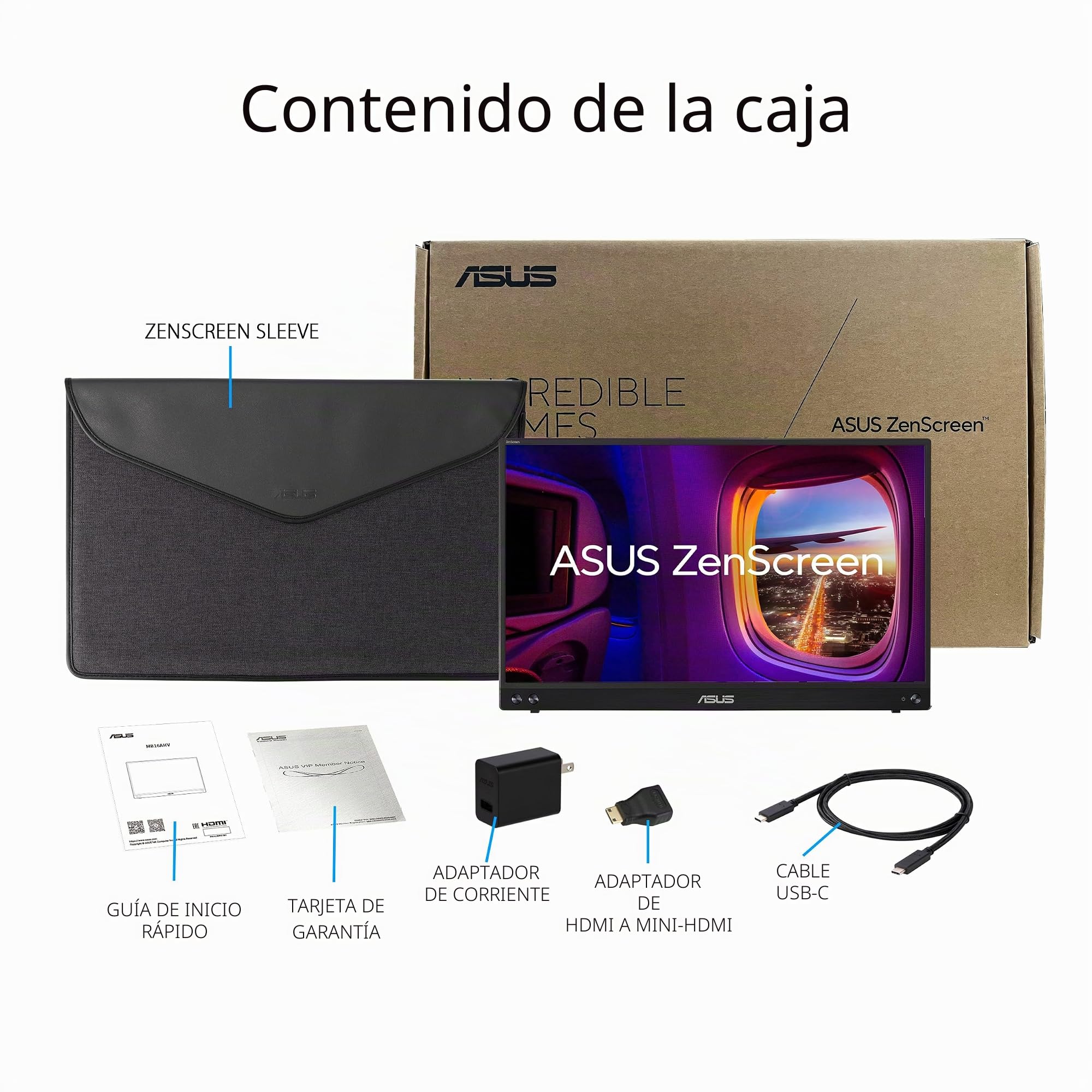ASUS ZenScreen - Pantalla portátil de 16" (15,6" Visible) 1080p USB-C (MB16AHV) - Full HD, IPS, Filtro de luz Azul, antirreflejo, Mini HDMI, Soporte para trípode, Funda Protectora