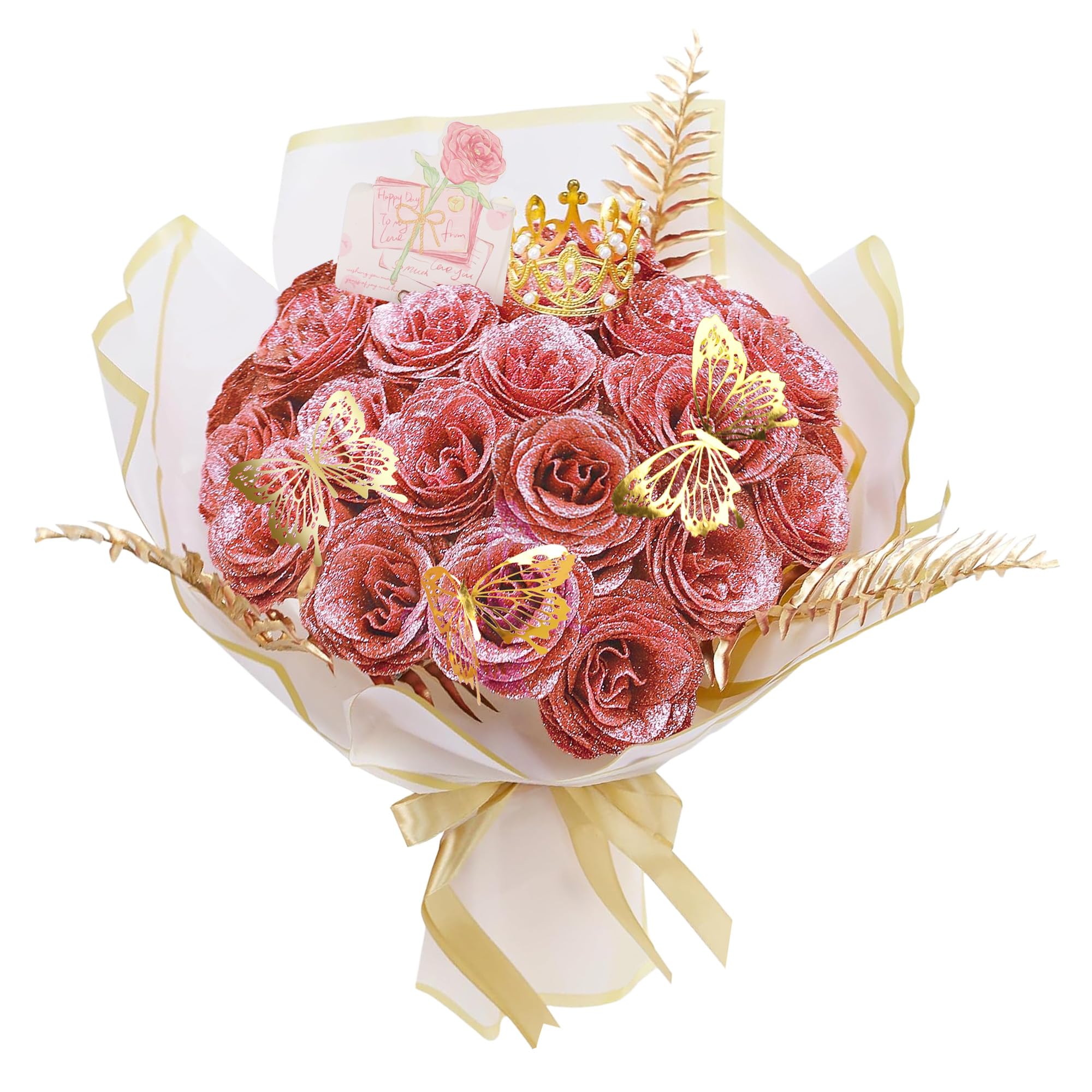AIGOCITY 24 Pcs Glitter Roses Bouquet,Artificial Rose Bouquet,Sparkly Rose,DIY Fake Glitter Bouquets with Crown Card 3D Butterfly for Birthday Gifts Wedding Valentine's Day Mother's Day (Light Pink)