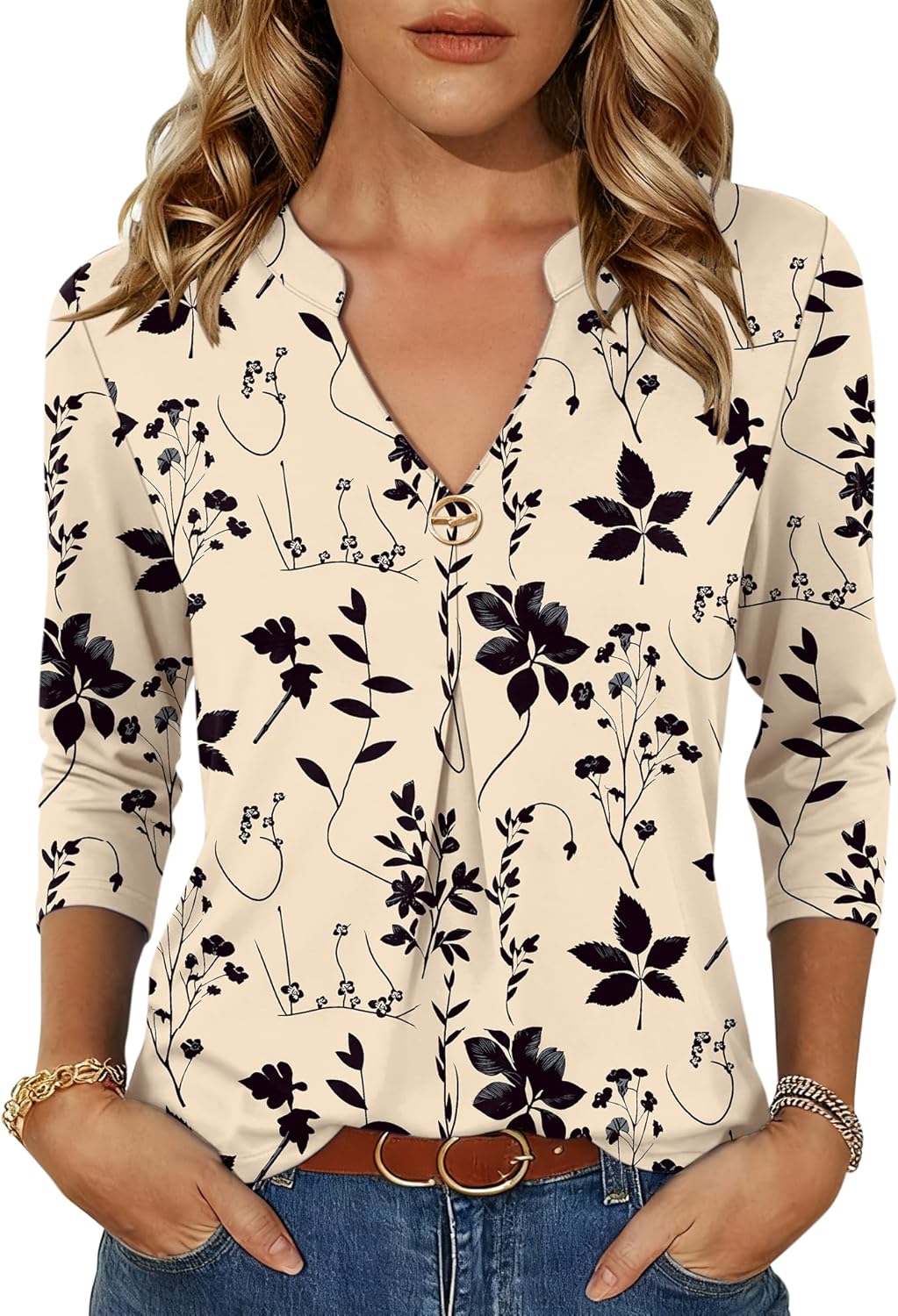 LOMON 3/4 Length Sleeve Womens Tops V-Neck Blouses Dressy Casual Flowy Shirts Business Tunic to Wear with Leggings S-3XL