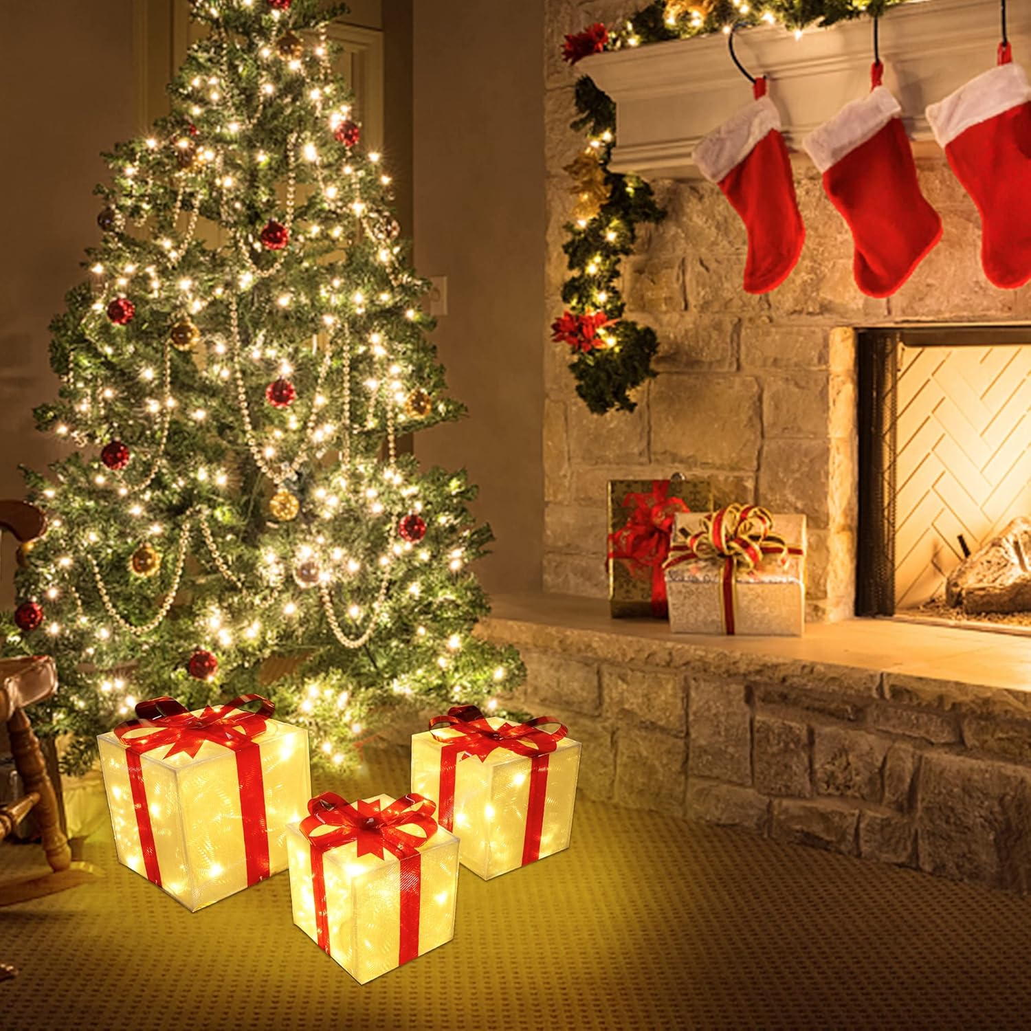 Lulu Home Christmas Box Decorations, Set of 3 Light Up Christmas Present Boxes with Red Bows, Plug-In 60 LEDs Warm White Lighted Xmas Boxes for Christmas Tree Holiday Indoor Outdoor Decors : Patio, Lawn & Garden