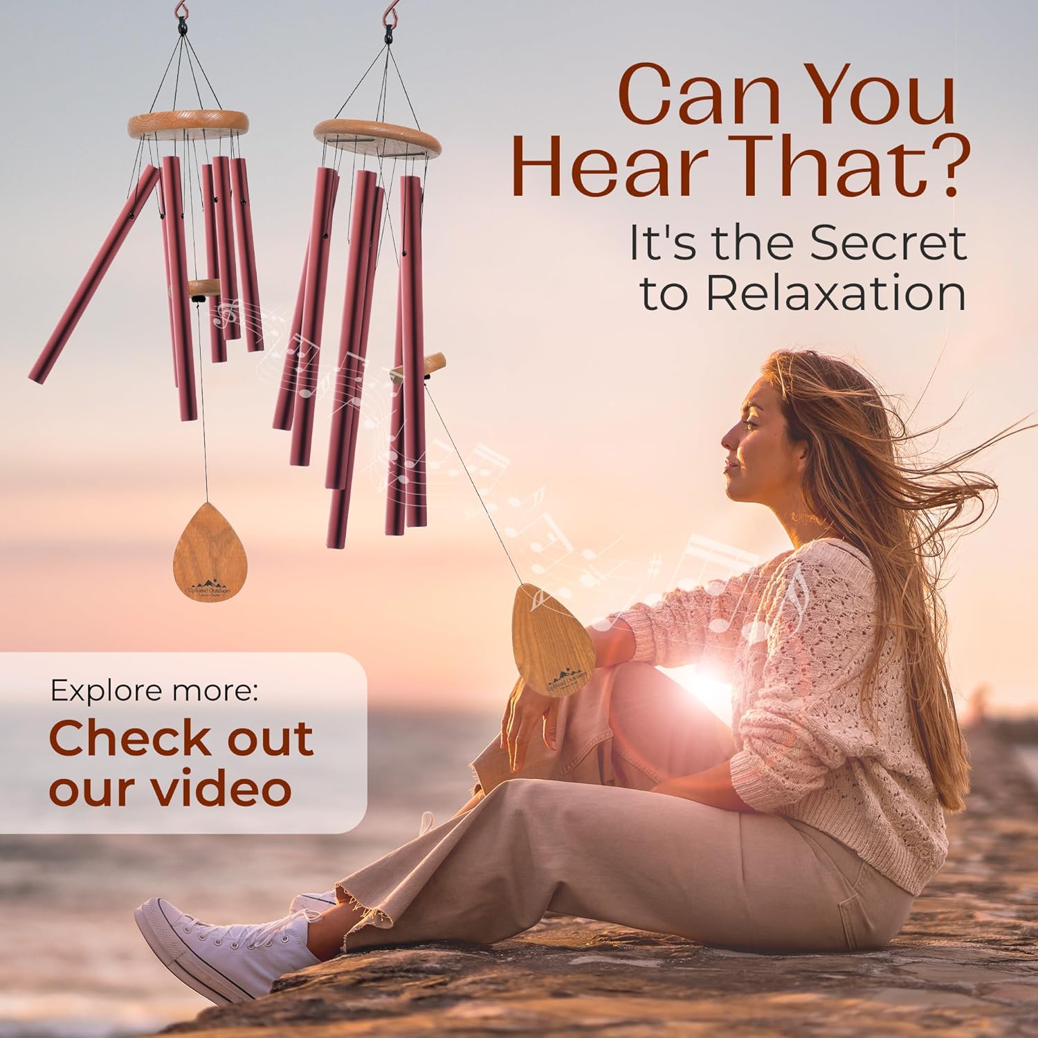 UpBlend XL Wind Chimes for Outside Gift – Deep Tone Wind Chime with Decorative Stone – Porch & Patio Decor, Elegant Outdoor Ornament, Garden Gifts. 38” Brown.