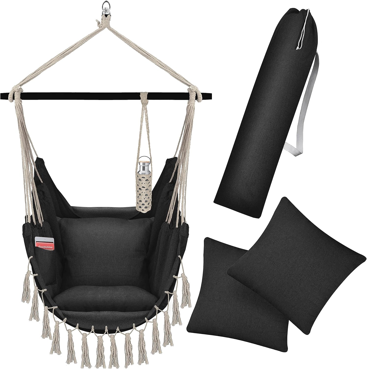 KESSER® Silla Colgante con 2 Cojines, portabebidas y Compartimento para Libros, Silla Colgante Safari XXL para Adultos y niños, Hamaca de hasta 150 kg, para Interior y Exterior, Nero
