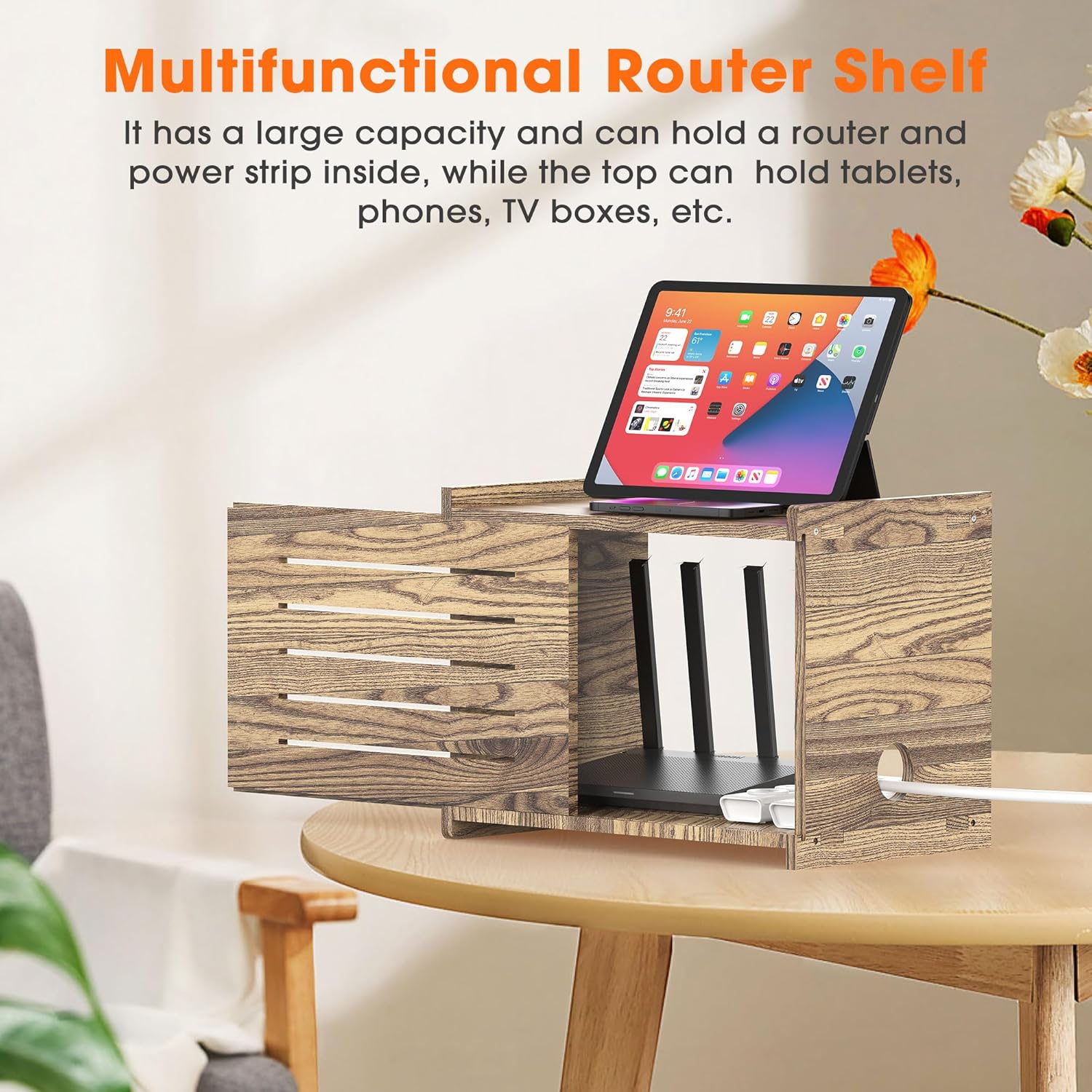 Wooden WiFi Router Storage Box, Decorative Router Hider with Cable Management System, Countertop Modem Shelf Hider Cover, Home Organization Solution for Most Routers Up to 9.8" Tall, Need Assembly