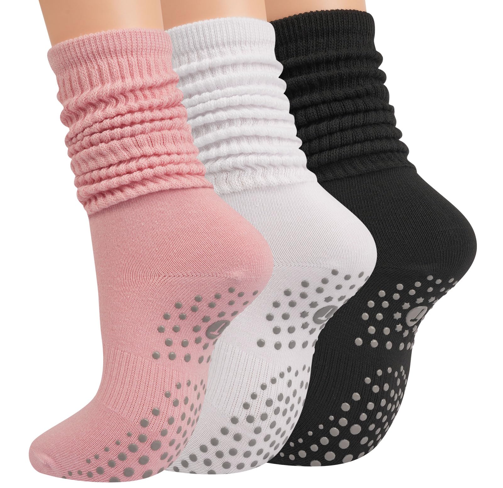 Grip Pilates Socks for Women, Yoga Slouch Socks with Grip for Barre Workout Hospital Long Scrunch Slipper Socks, White+black+pink, Long