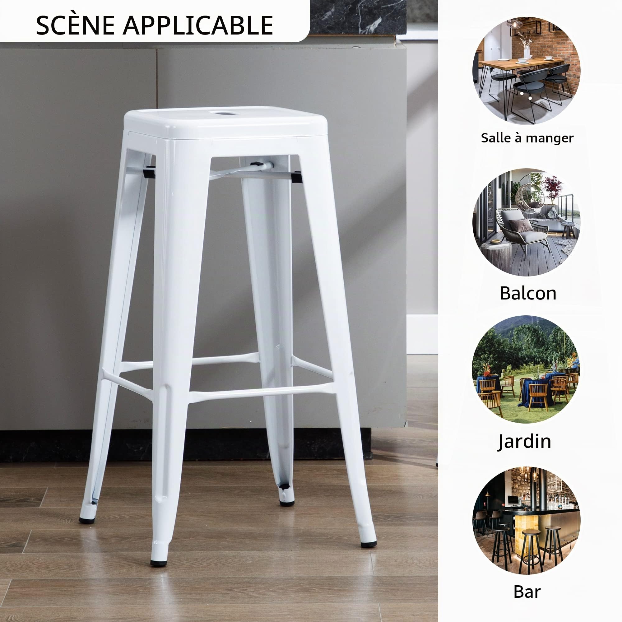 DUHOME Tabouret de Bar Industriel Chaise Salle à Manger Lot de 4 Tabouret Empilables Siège Bistrot Cadre en Métal pour Cuisine Restaurants (Blanc, 76cm)