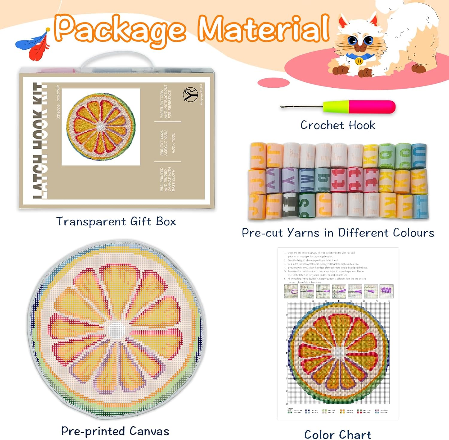 YP Orange Latch Hook Rug Kit - 20x20 Inch DIY Needlecraft Set for Home Decor, Easy Beginner-Friendly Crochet Rug with Pre-Cut Yarn, Vibrant Handmade Craft for Teens & Adults