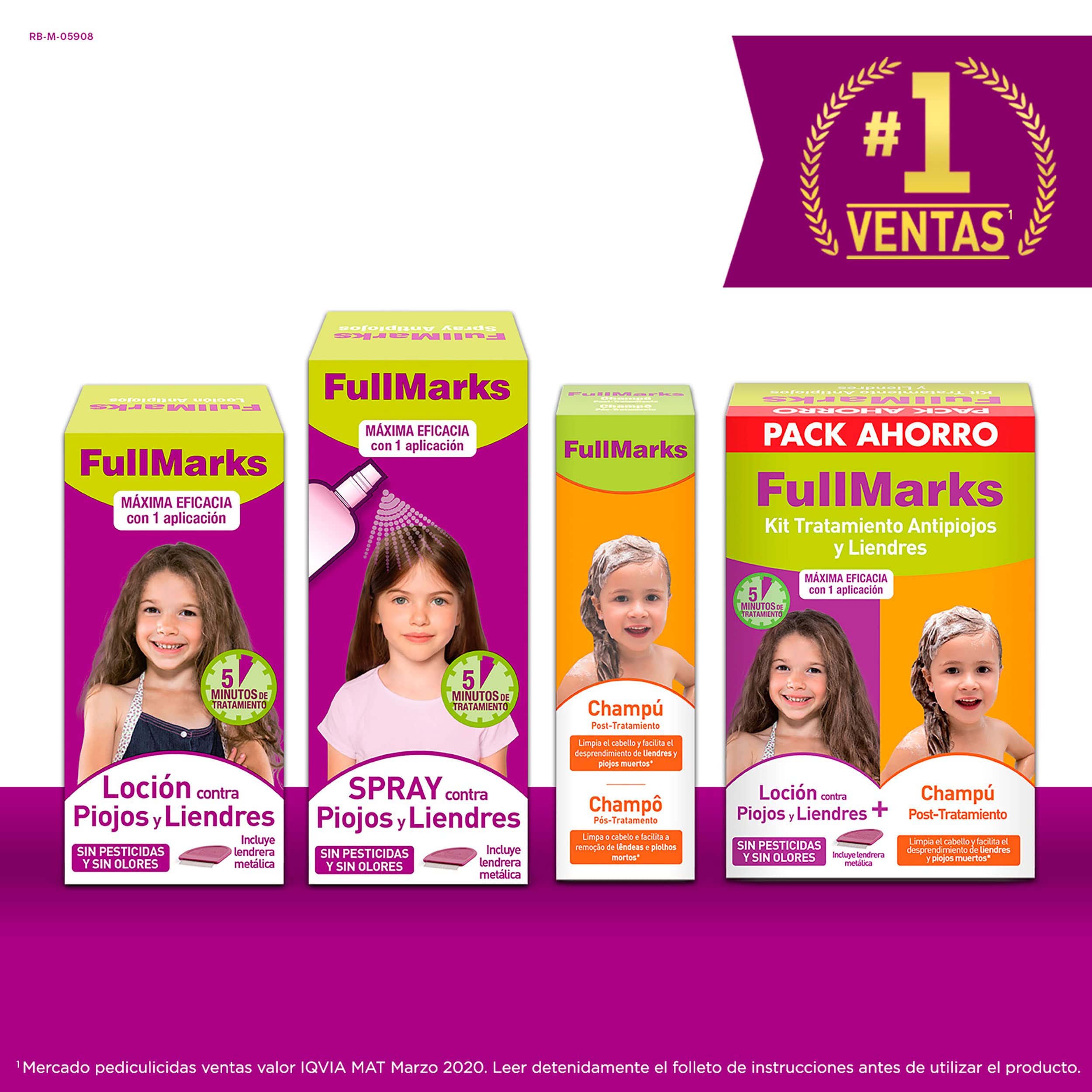 Full Marks Kit Tratamiento Antipiojos para Niños, Elimina los Piojos, Contiene Loción 100 ml, Champú Post-Tratamiento 150 ml y Lendrera Metálica, Pack ahorro x4