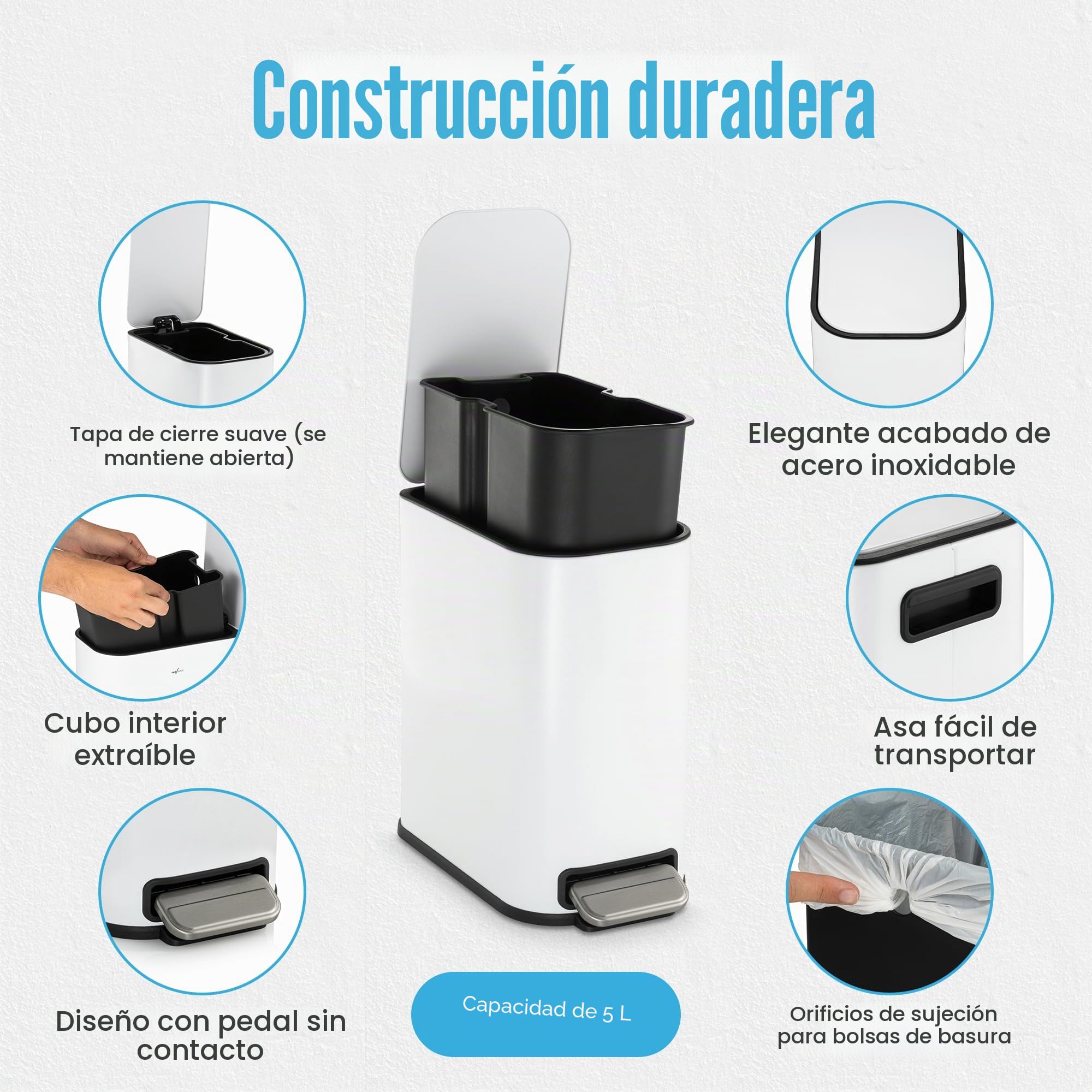 RED FACTOR Cubo de basura con pedal fino de 5 l, de acero inoxidable, tapa de cierre suave y cubo interior extraíble para baño, cocina u oficina (blanco metálico)