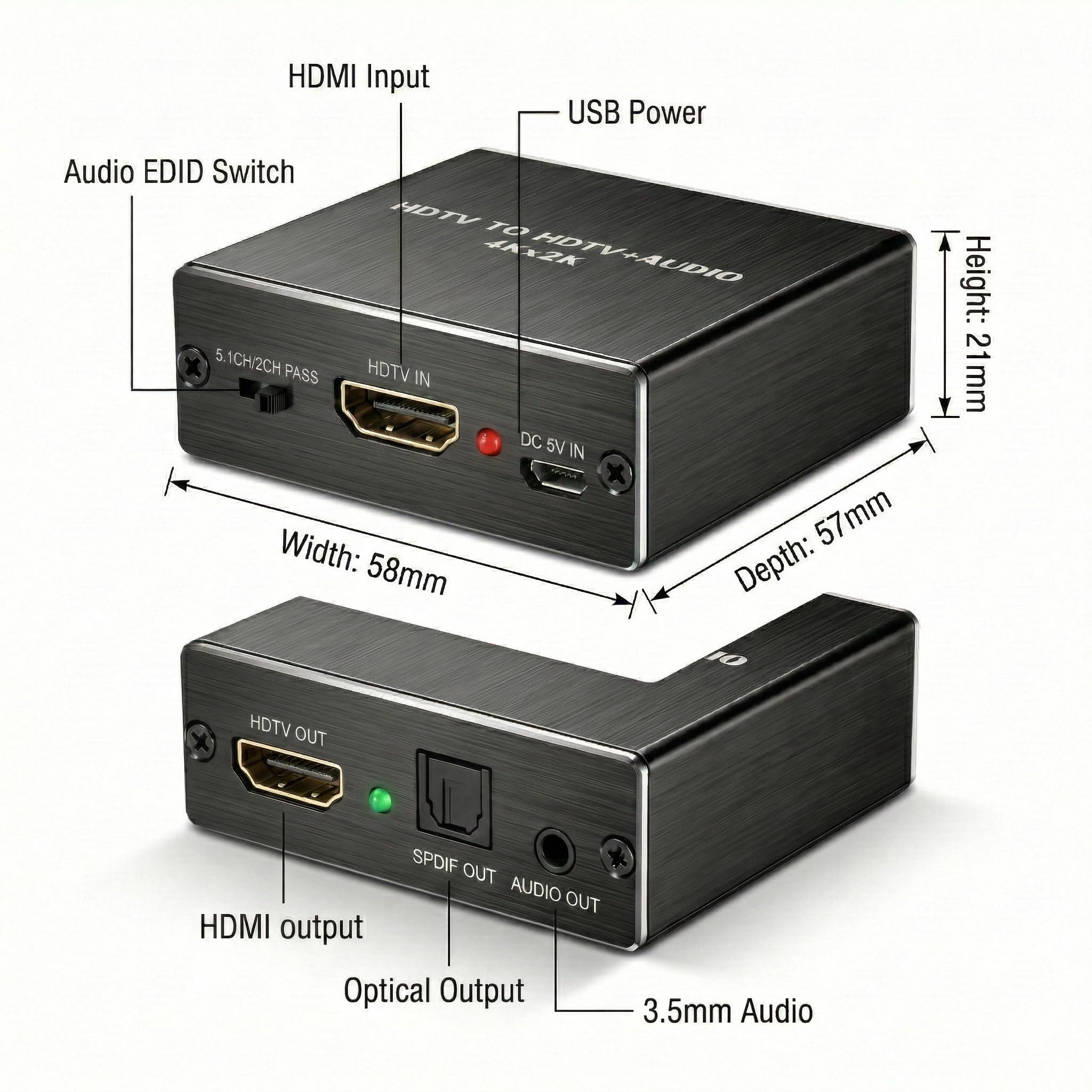 Extracteur Audio HDMI 4K Convertisseur vers Optique Spdif Toslink + Jack 3.5mm Stéréo, Adaptateur Splitter Audio Vidéo Séparateur de Son (3 Modes: Pass/2CH/5.1CH) pour PS5/PS4/Fire TV/Ampli