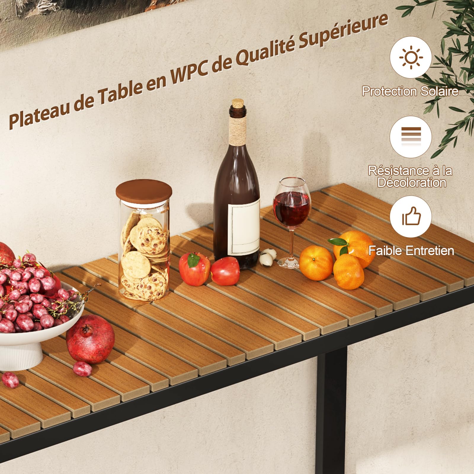 GOPLUS Table Bar Exterieur, Table Haut Extérieur, Console Jardin Exterieur Structure Résistante en Métal, Plateau à Lattes Empêchant l'Accumulation d'eau, Cour et Terrasse, Charge 60KG, 129x42x75CM