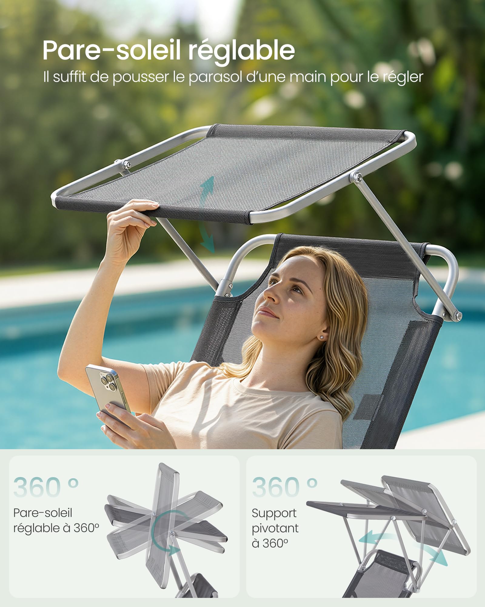 SONGMICS Chaise Longue Pliante, 189 x 53 x 28,5 cm, Transat Jardin Extérieur, Supporte 110 kg, Pare-Soleil et Dossier Réglables, pour Terrasse, Balcon, Gris GCB194GZ02