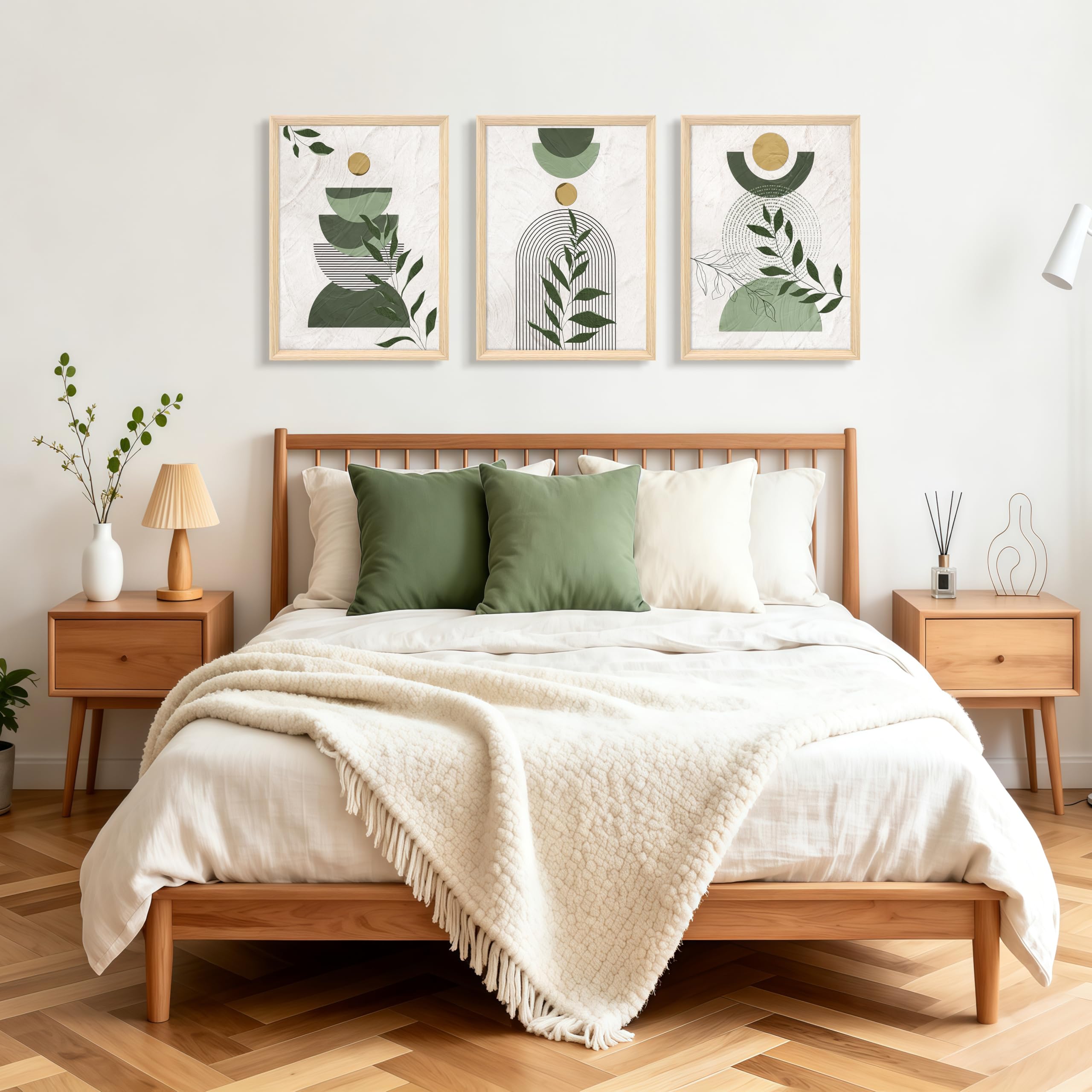 3 Pcs Wooden Framed Canvas Wall Art Set Bohemian Sage Green Canvas Prints Poster Geometric Line Beige Green Pictures for Living Room Bedroom Dinning Room Hallway Stairs Wall Decor 30x40cm x3pcs — view 420