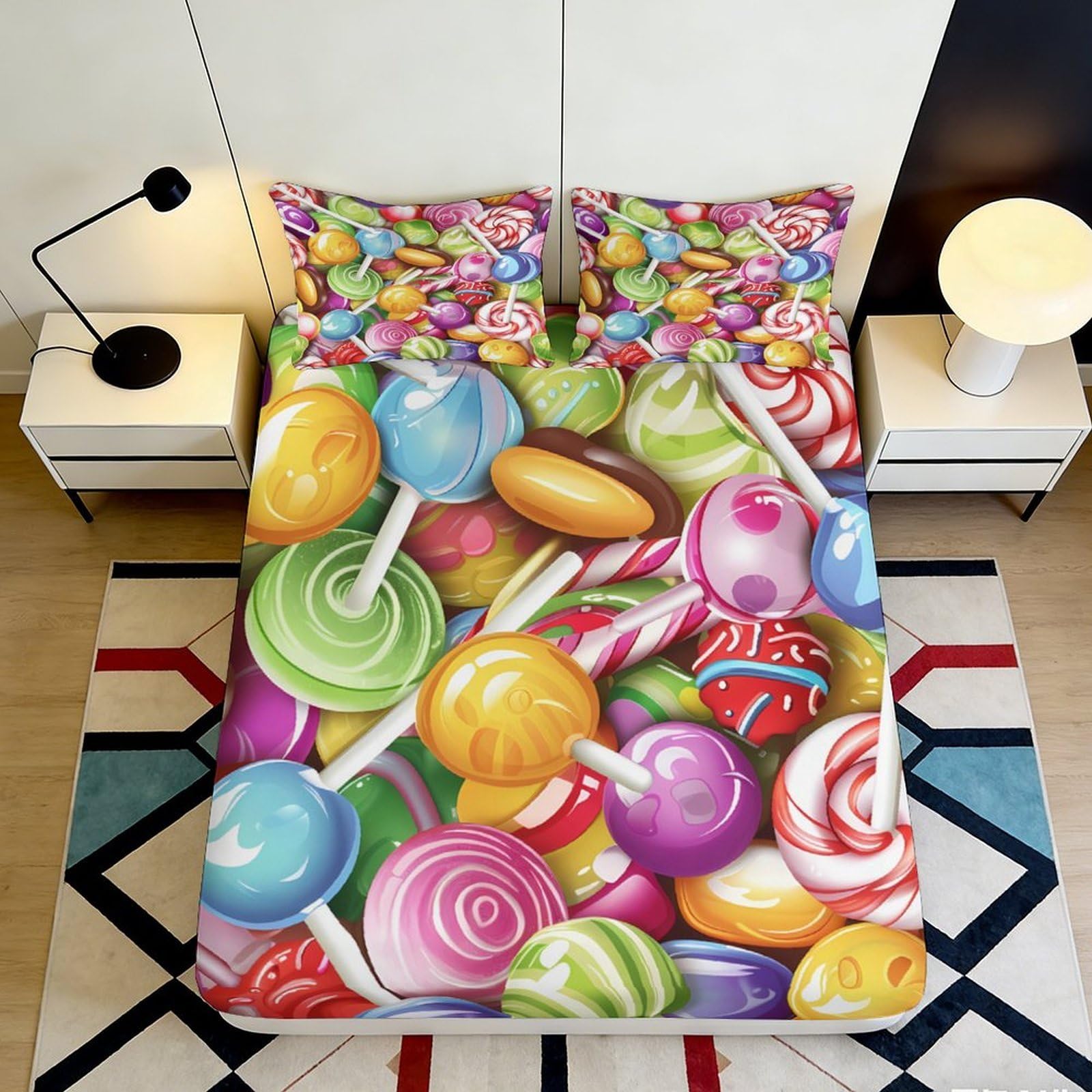 3D Printed Colorful Candy Pattern Fitted Sheet Microfiber Lollipop Bed Cover for Bedroom Guest Room Mattress 140x200x25cm