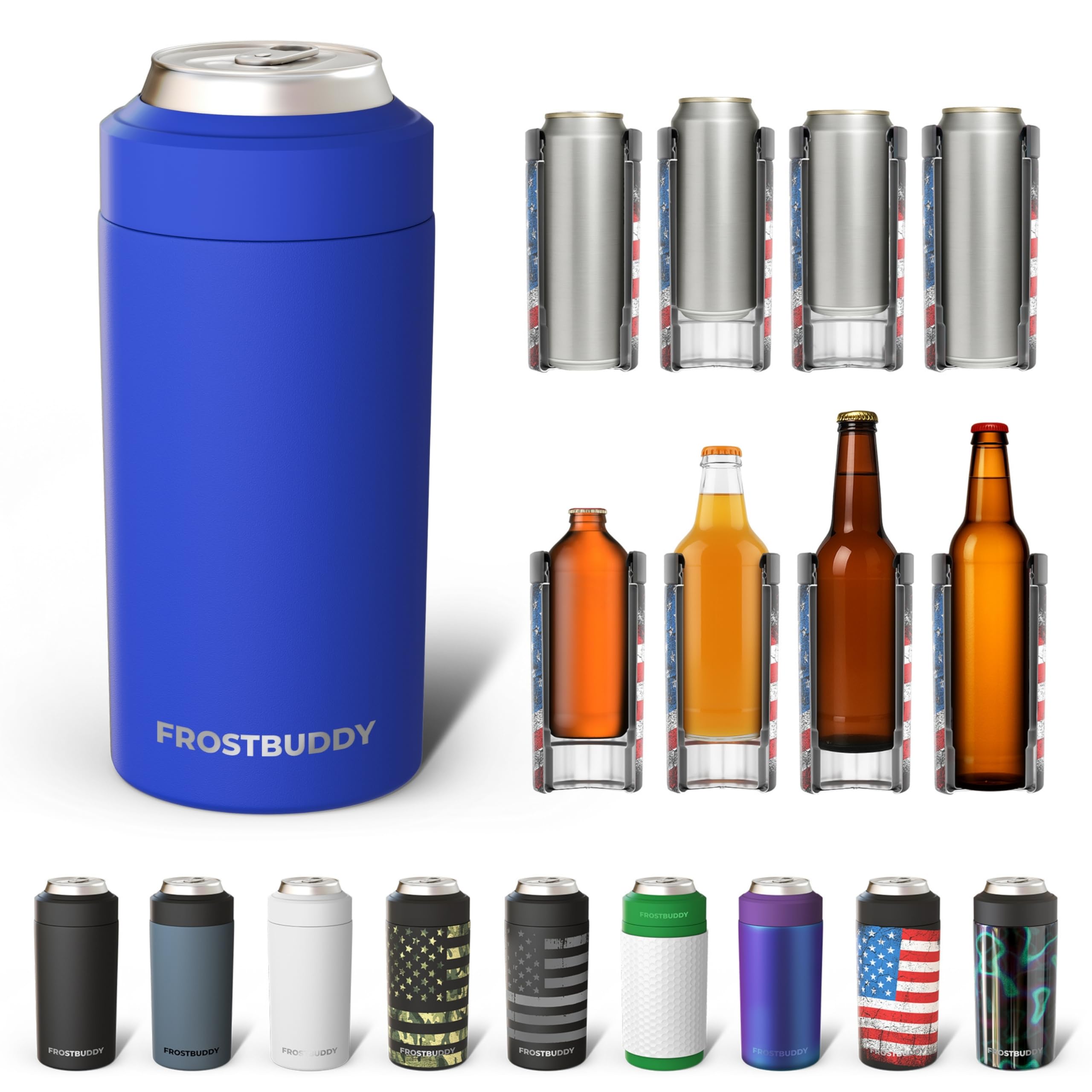 Universal Can Cooler - Fits All - For Regular 12 & 16 oz or Slim-Size Bottles - Insulated Double-Walled Stainless Steel (Royal)