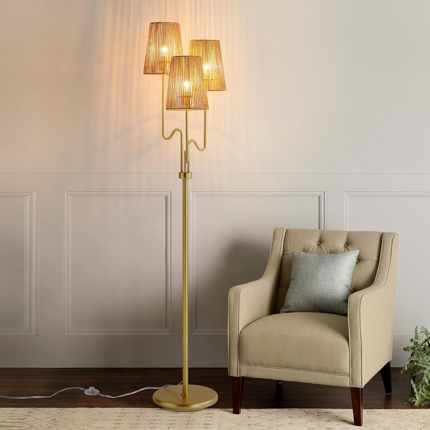 Boho Floor Lamp, 68in. Rattan floor lamp with Natural Woven Shade, Rustic Standing Lamp for Coastal, Beach or Bohemian Style Decor, E26 Socket, On/Off Footswitch Lamp for Living room, Bedroom (Gold)