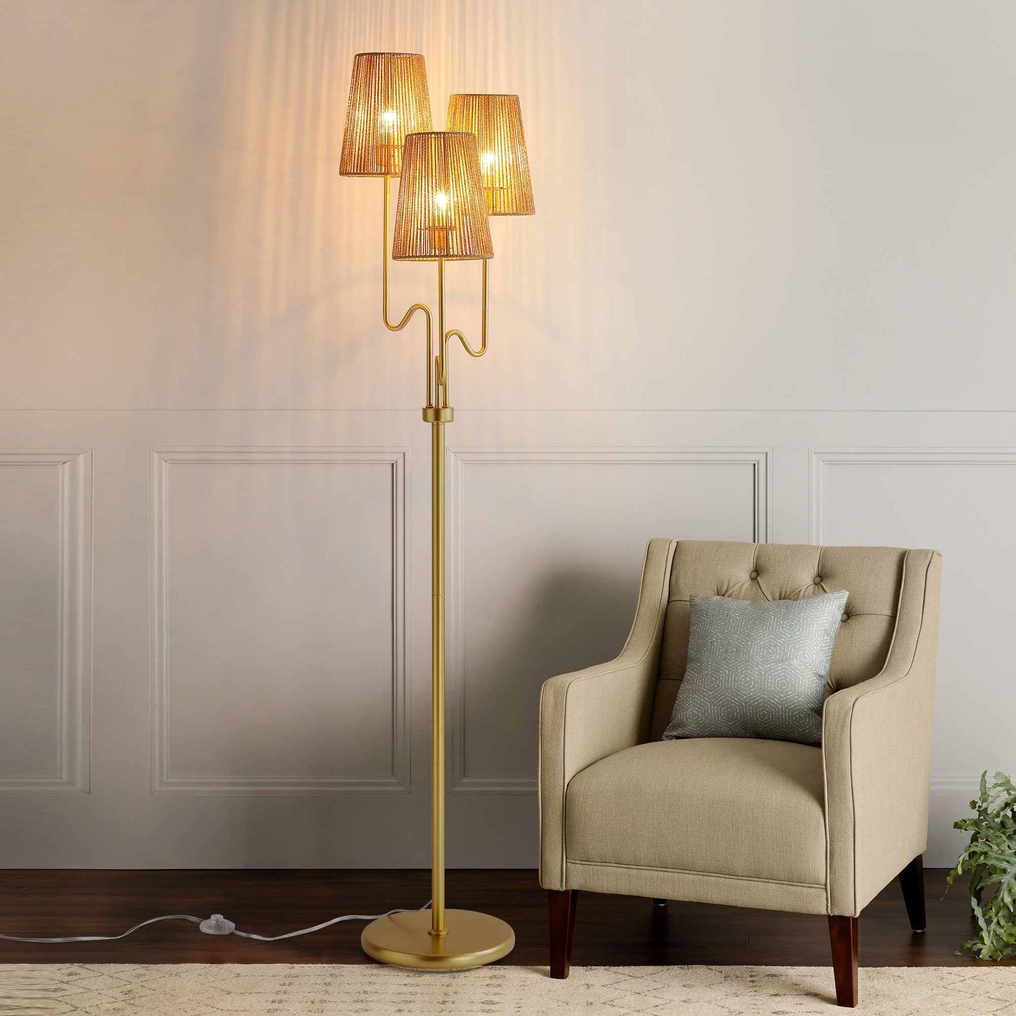 Boho Floor Lamp, 68in. Rattan floor lamp with Natural Woven Shade