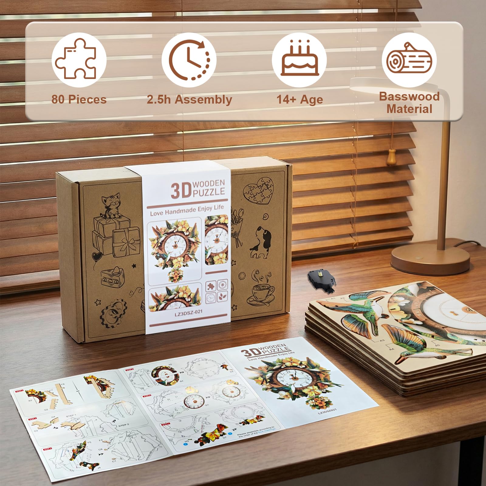 Casse-tête 3D en bois pour adultes, couronne mécanique, colibri, horloge murale en bois pour adultes, kits d'artisanat pour hommes et femmes, décoration d'intérieur unique