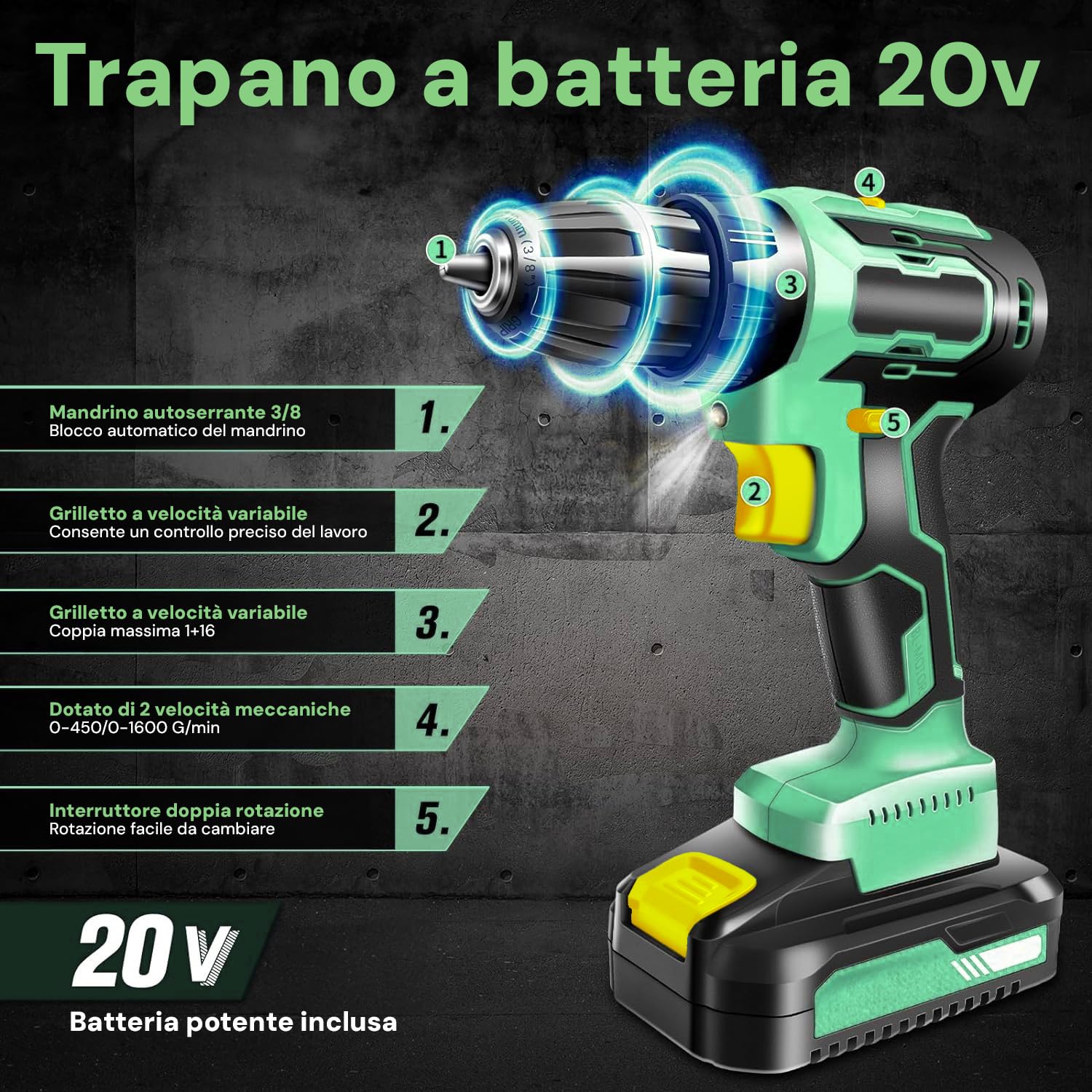 Avilia Set Trapano Avvitatore a Percussione 20V con 13 Accessori - 2 Velocità, Batteria 2Ah, Mirino LED - Ideale per Fai Da Te e Lavori Professionali