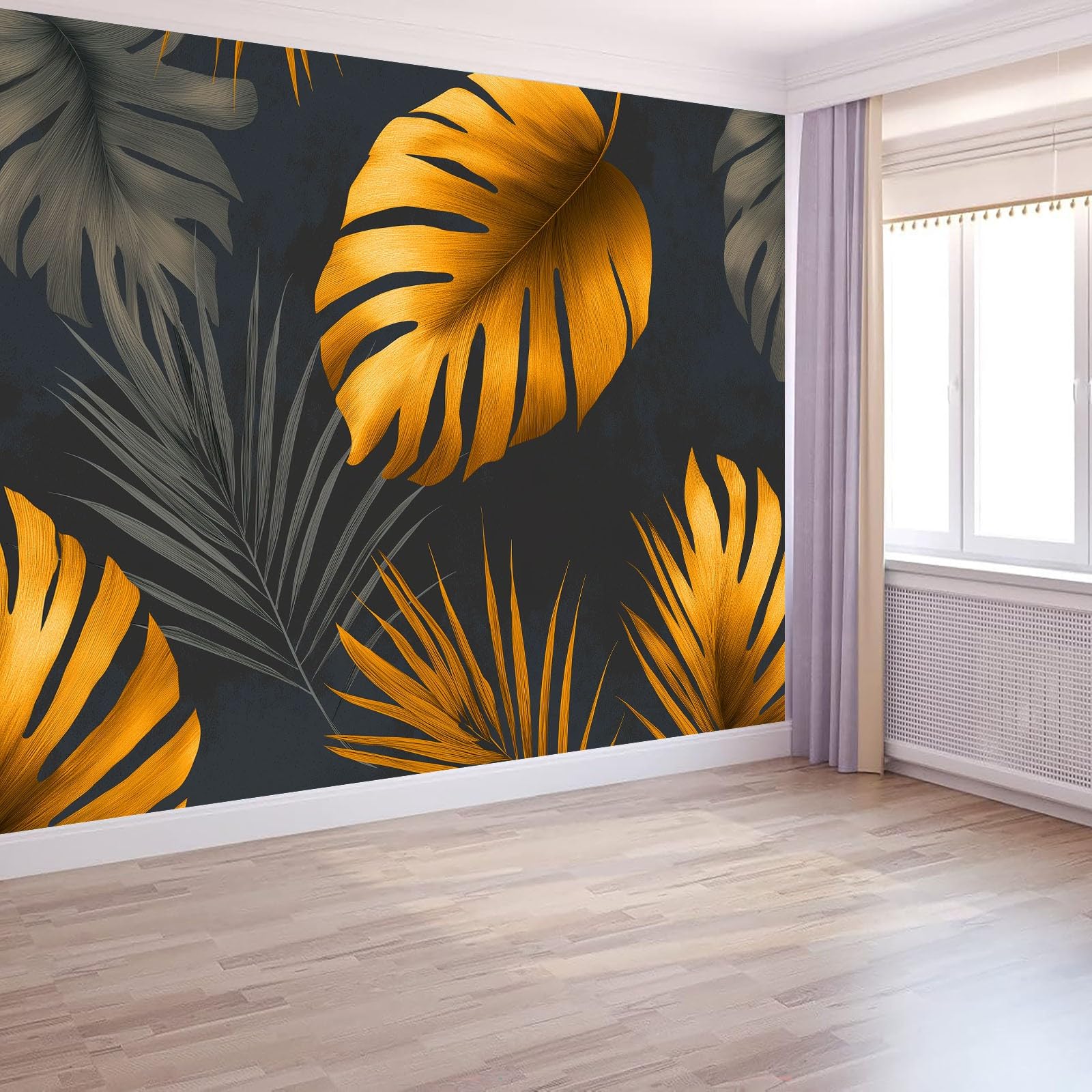 Tapeta panoramiczna, plakat 350 x 256 cm (szer. x wys.), tapeta z włókniny, dekoracja ścienna, minimalistyczny, botaniczny, złota monstera – dla dziewcząt, chłopców, do sypialni i salonu (ciemnoszara)