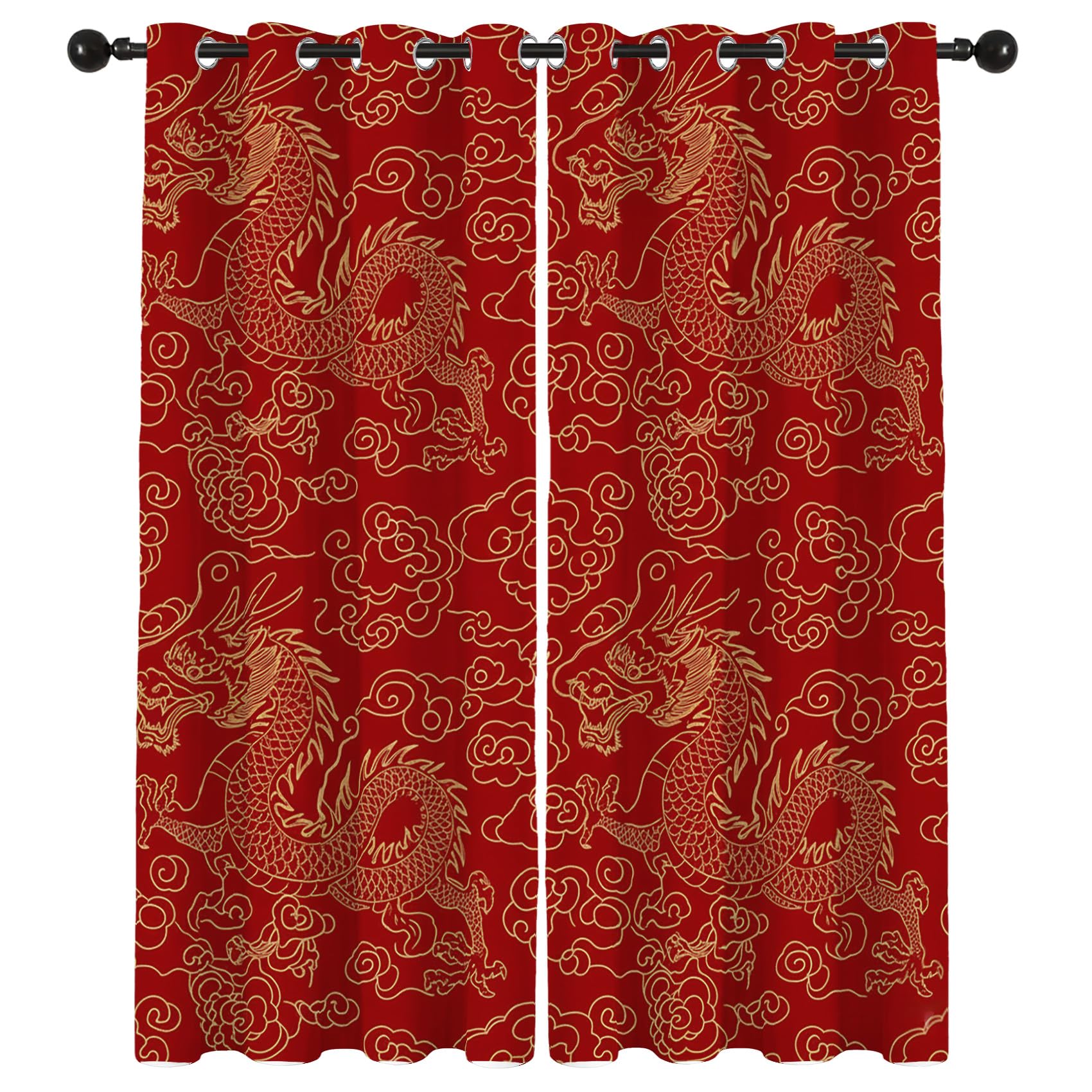 Rideau Occultant Thermiques Dragon Chinois Rouge et Or - Lot de 2 Rideaux Imprimé pour Salon Chambre Fenetre Cuisine, Rideaux et Draperies Intérieurs à Oeillets, 117x137 cm (LxH)