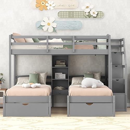 Miniatura 3 de Quarte Elegante litera triple con 3 cajones y escalera de almacenamiento litera de madera individual sobre individual y individual con estantes y