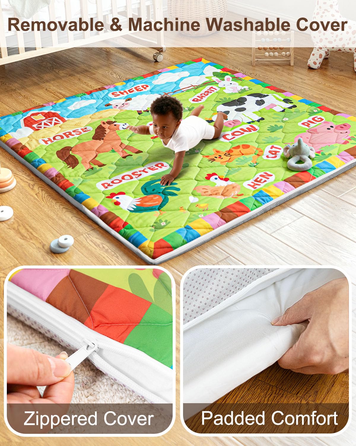 Foam Baby Play Mat 50x50, Removable and Machine Washable Cover, Thicken Cushioning Playmat and Perfect for Playpen, Non-Slip Bottom, Easy to Clean for Infants, Toddlers & Babies(Farm) - Image 2