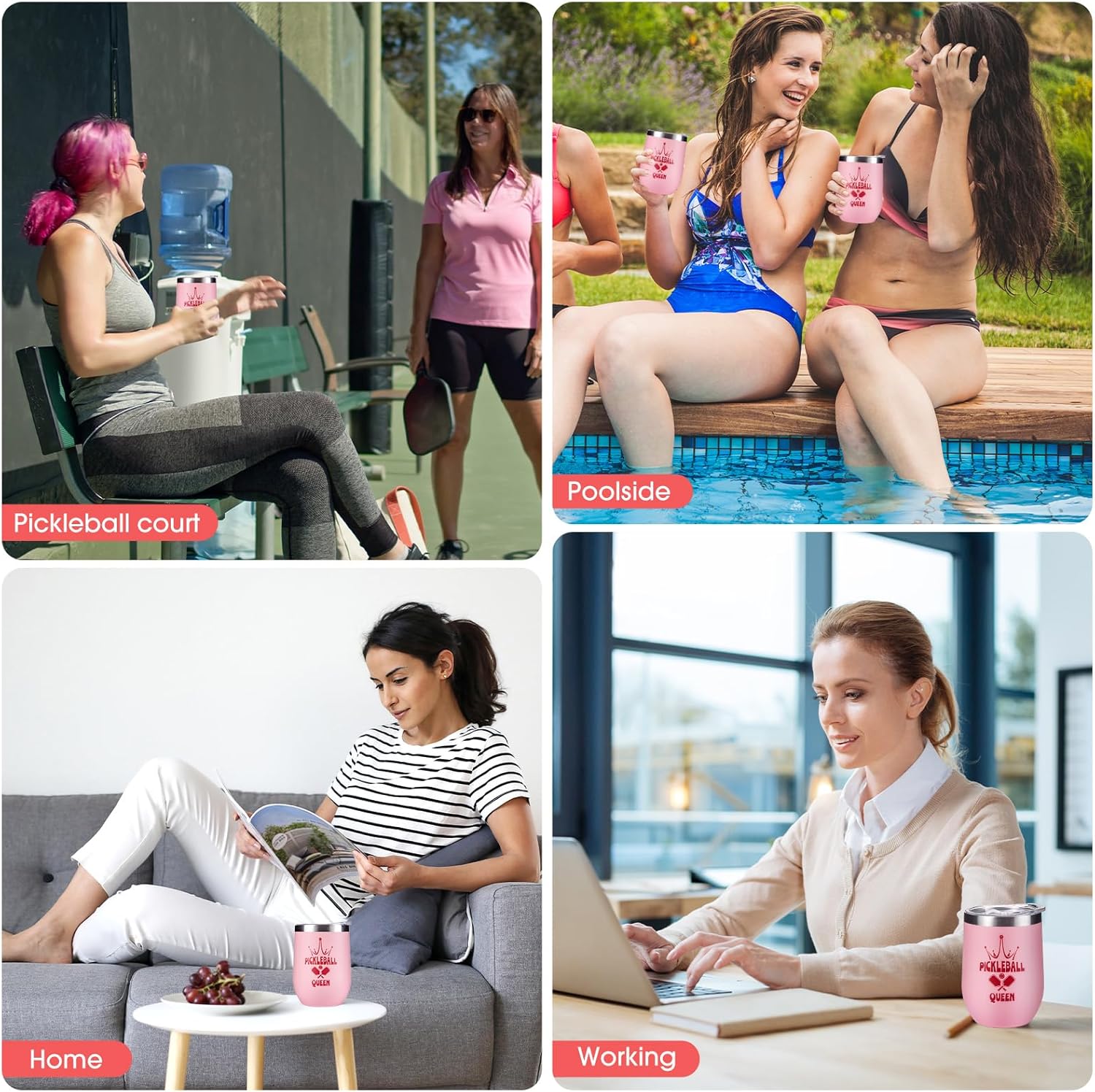 12oz Pink Women Pickleball Stemless Wine Tumbler, Insulated Stainless Steel Cup, Sports Drinkware with Crown Design,Funny Pickleball Gifts for Mom Players Fans Teammates, Birthday Mother’s Day Gift - Image 7