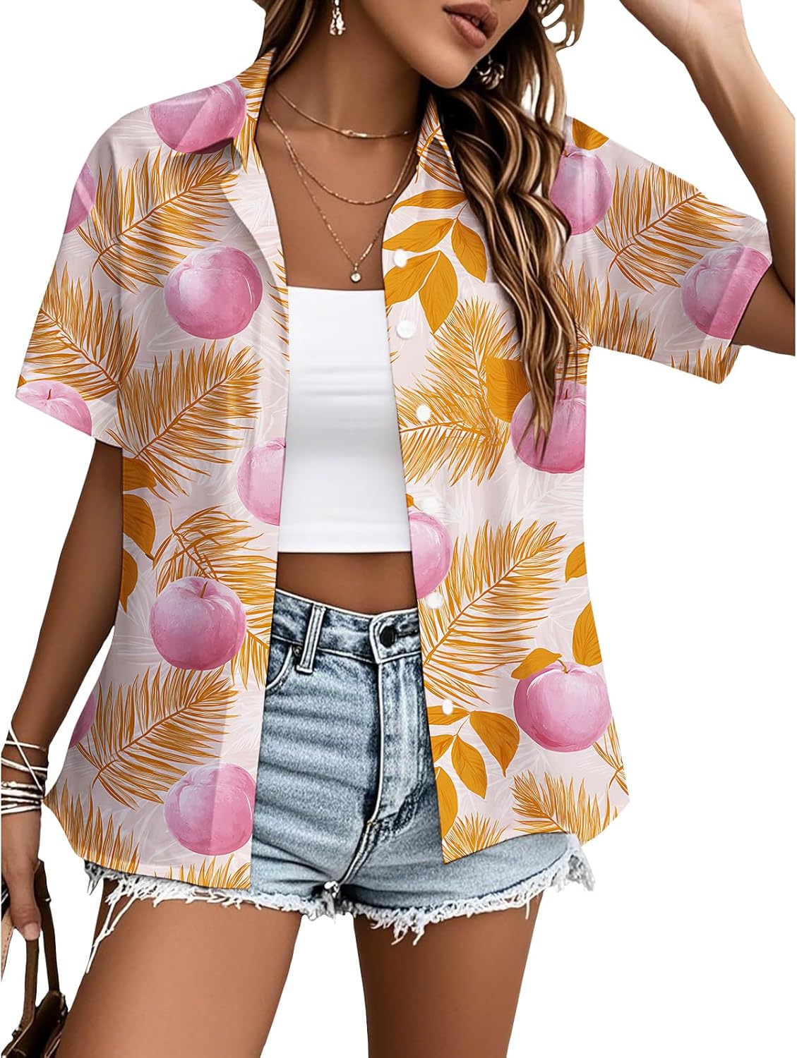 Fruit Graphic Shirt for Womens Summer Cool Casual Blouse Button Down Short Sleeve Top Daily Clothing Lightweight