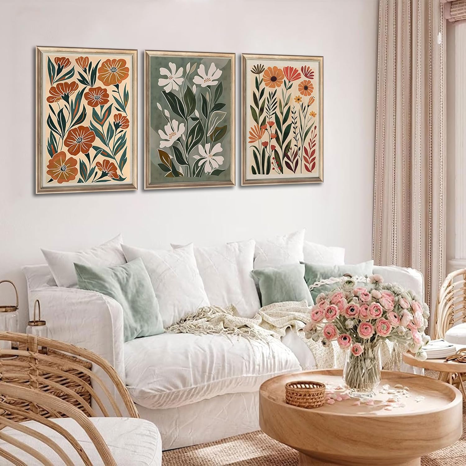 3pcs Abstract Boho Floral Canvas Wall Art Green Beige Flower Market Wall Decor Pictures Minimalist Colorful Botanica Posters Prints For Living Room Bedroom Office Home Decoration