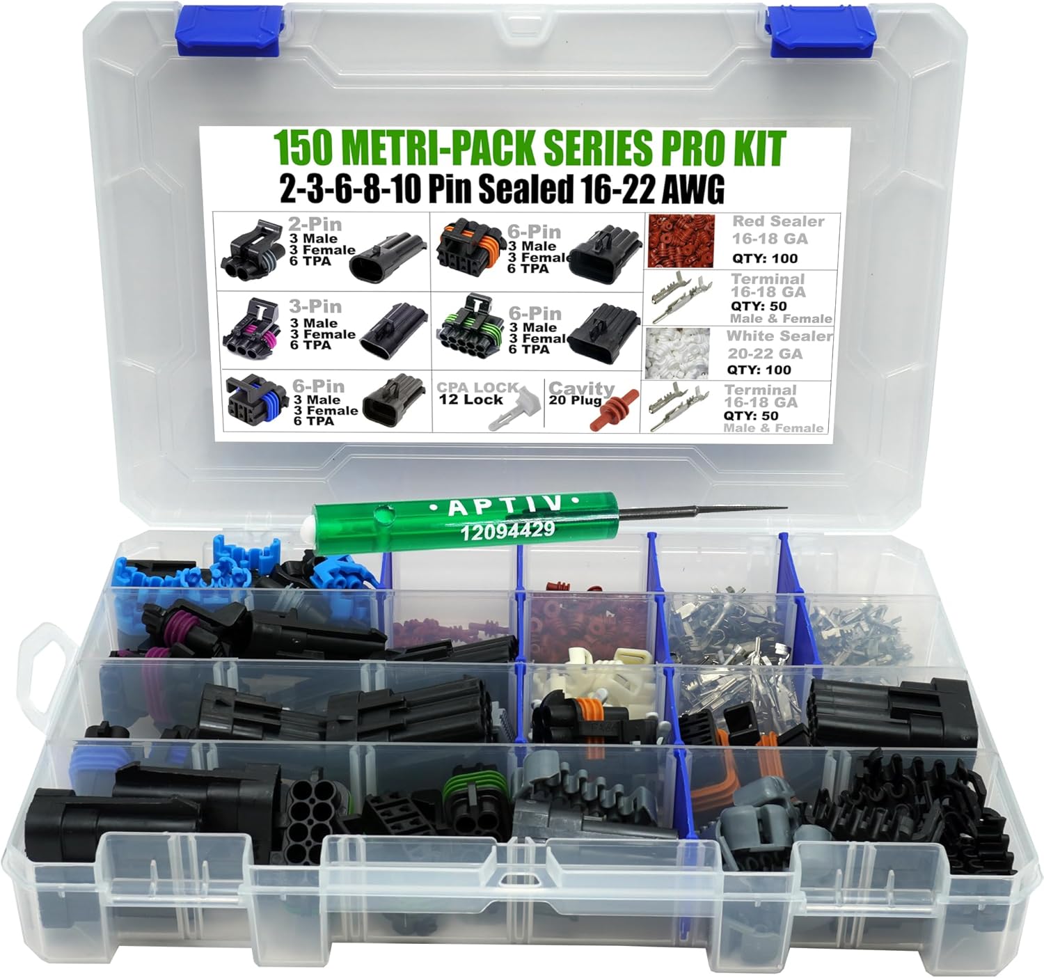 492pcs (2,3,6,8,10 Way) Metri-Pack 150 Series 14 Amp Conductor Connector, Terminal, Sealed Weatherproof Automotive Electrical Connectors Kit 16-18-20-22 GA w/remove tool