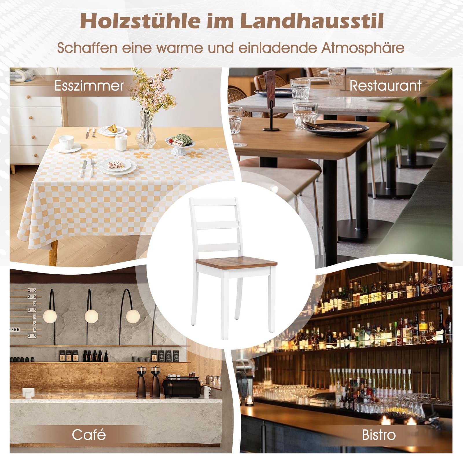 COSTWAY Esszimmerstühle 2er Set, Küchenstühle Holz, Esstisch Stühle, Holzstühle bis 190 kg belastbar, für Esszimmer, Küche (Braun + Weiß)