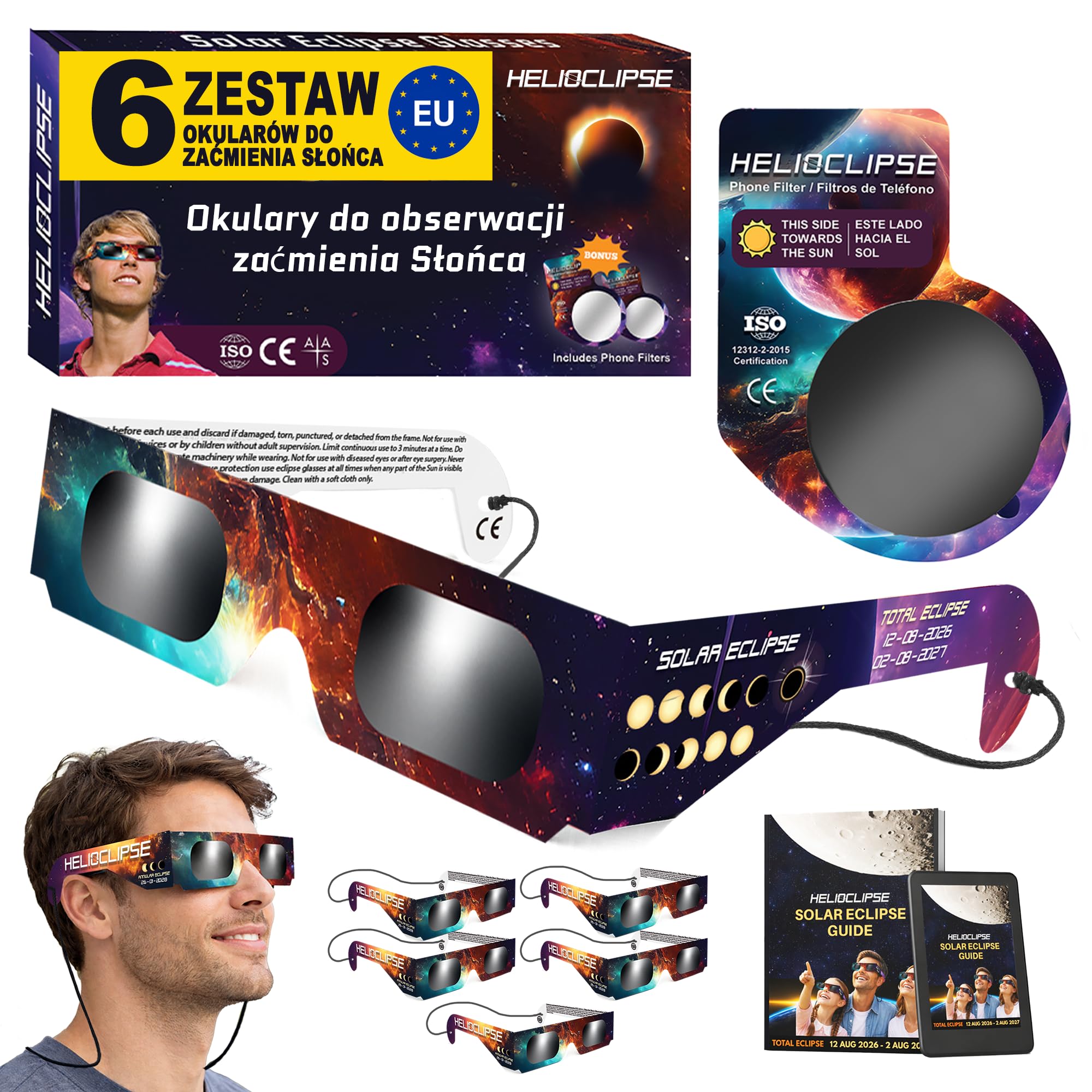 Okulary do oglądania zaćmienia Słońca Helioclipse 6 szt. 2026 - Przeznaczone do bezpiecznego oglądania zaćmienia Słońca - Zestaw 6 szt. - Bonus 1x filtr do telefonu