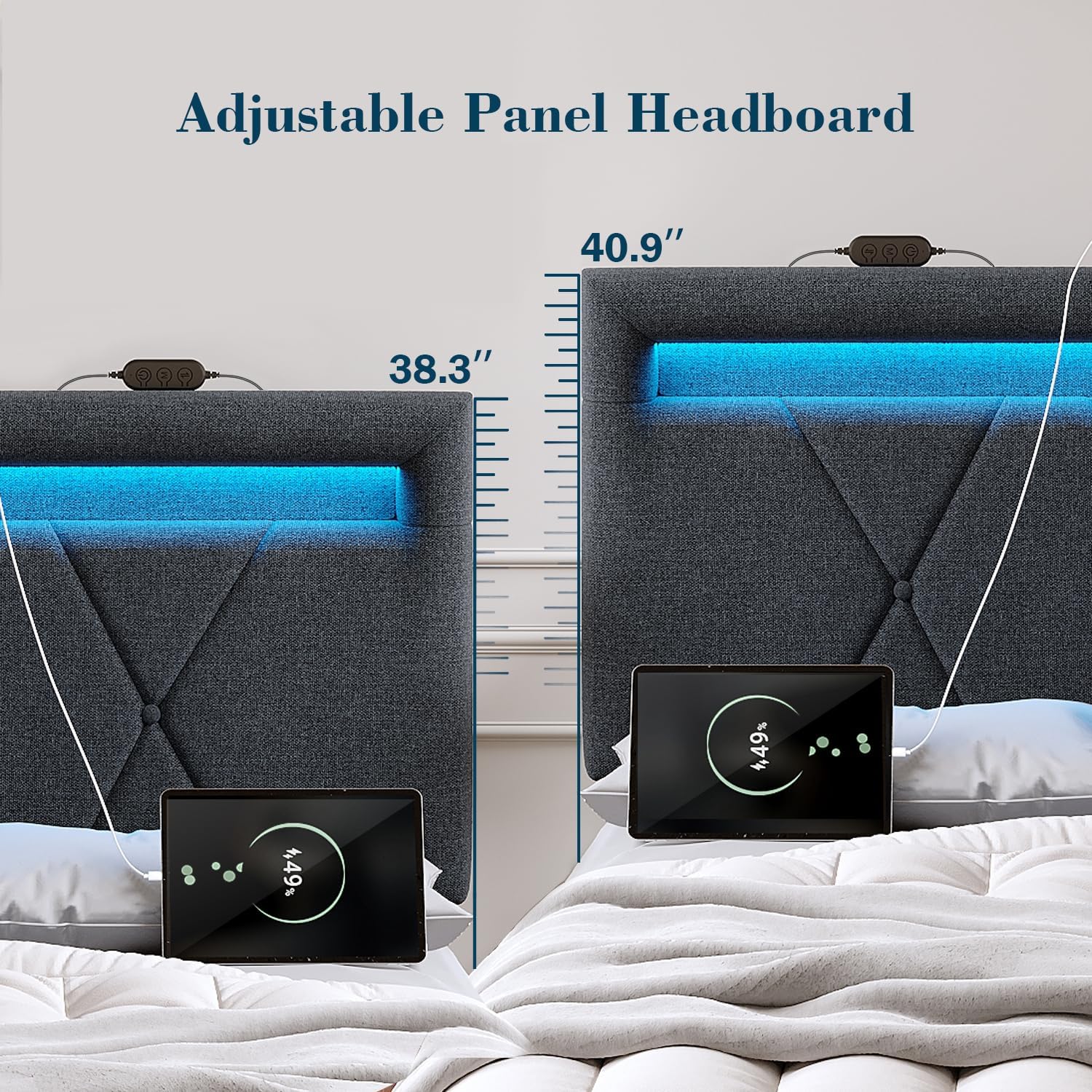 ROCHECASA Queen Bed Frame with USB Charging Socket and LED Light, Upholstered Bed with Height Adjustable Headboard, Noise Free, Easy Assembly, Dark Grey - Image 6