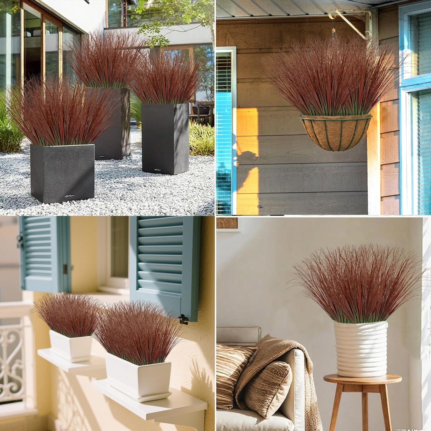 Betylifoy Artificial Grass Plants Outdoor 20PCS Fake Wheat Grass UV Resistant Faux Shrubs Bushes Plant Red Onion Grass Artificial Greenery Stems for Indoor Outdoor Office Home Decor (Red)