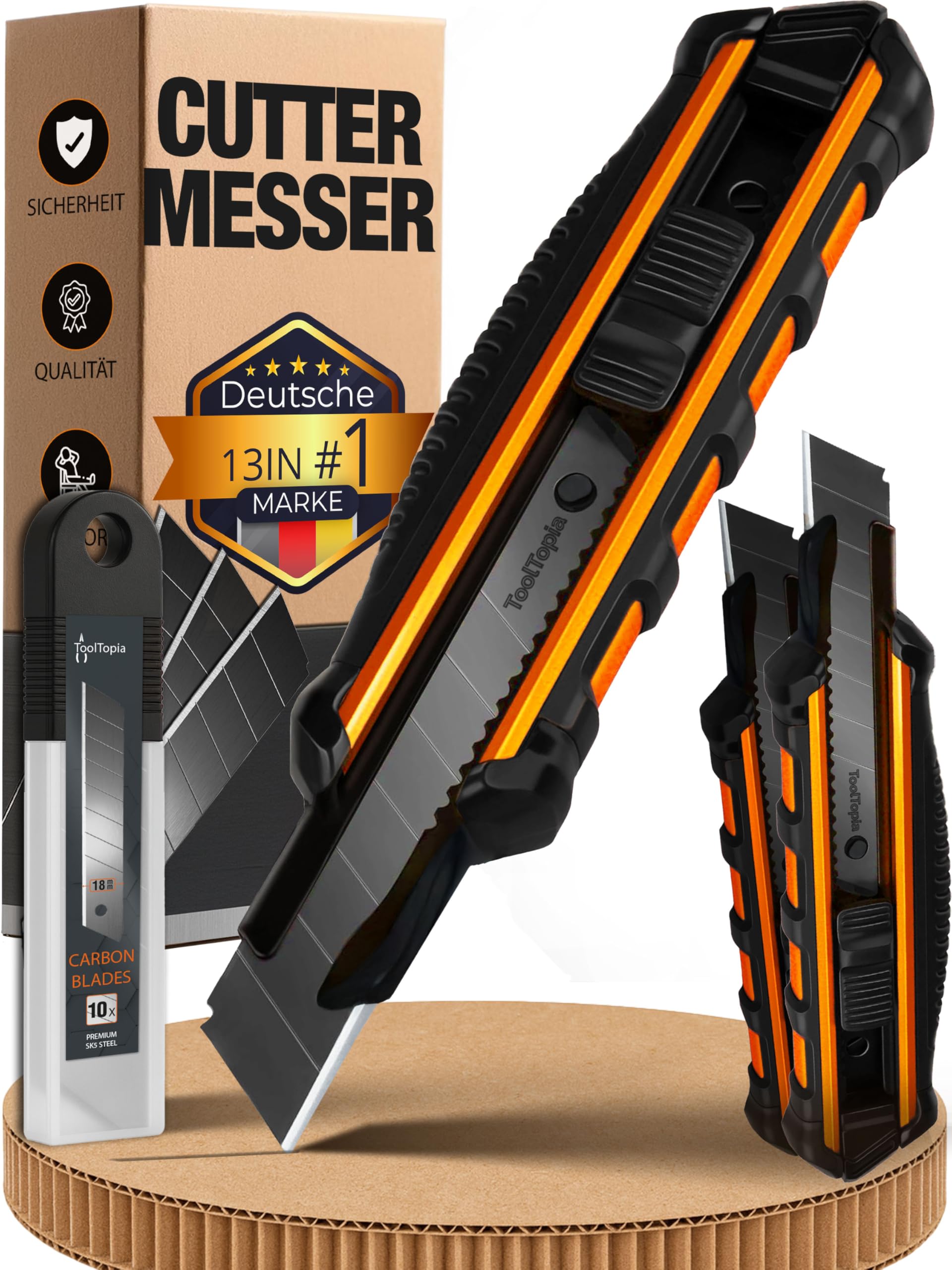 3x Profi Cuttermesser Set – Robuste Cutter Messer & Teppichmesser mit 10 SK5 Cuttermesser Klingen I Vielseitiges Handwerkzeug & Präzisions Utility Knife für Handwerker & Heimwerker ToolTopia