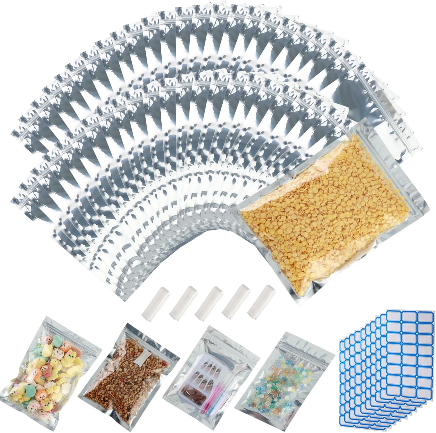 200-pack reclosable large mylar bags for food storage 7.9" x 11.8" 1 gallon ziplock pouch bags in bulk resealable smell proof aluminum silver foil bag with clear window edible packaging 200 7.9" x 11.8"