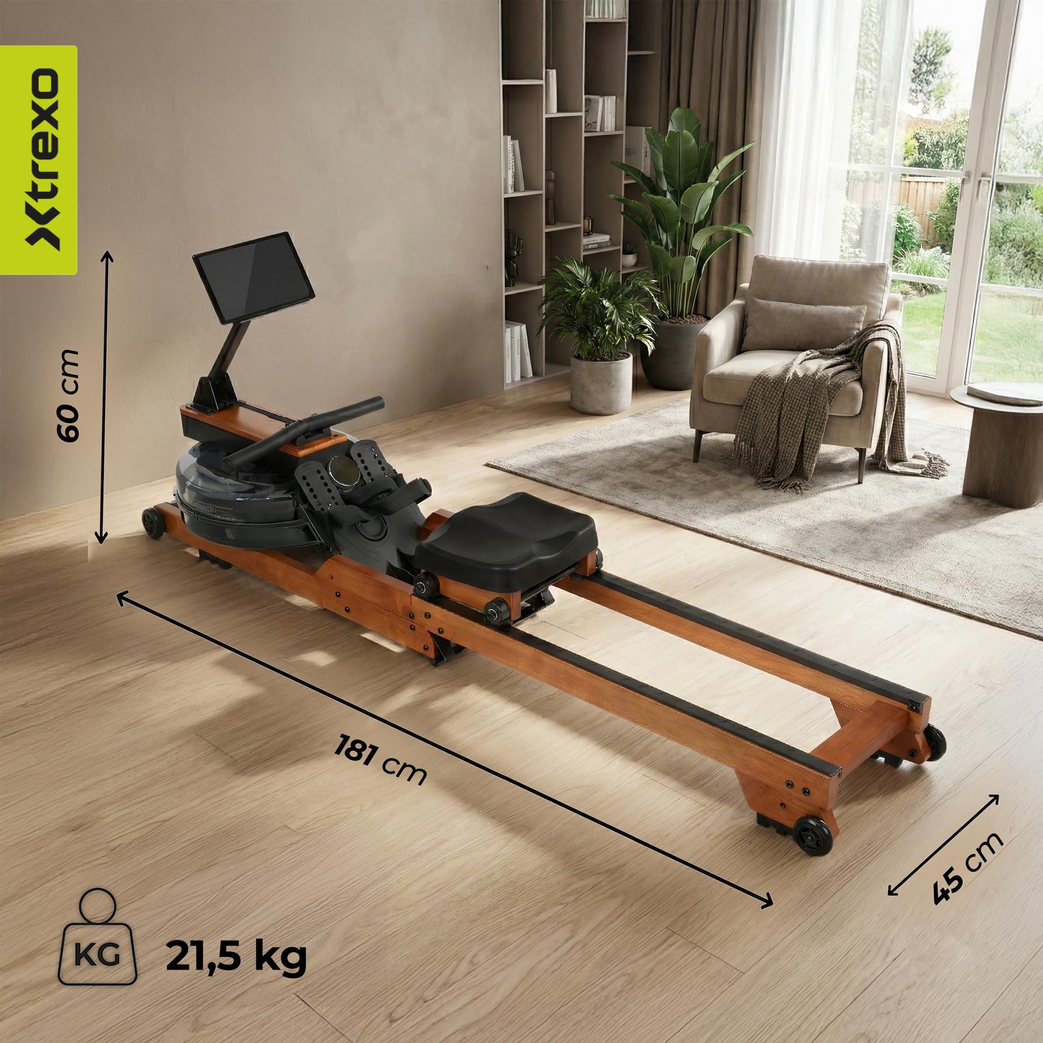 RM300 - Vogatore ad acqua in legno e acciaio, compatibile con Bluetooth e Kinomap – fino a 110 kg e 190 cm – per allenamento completo (tablet non incluso)