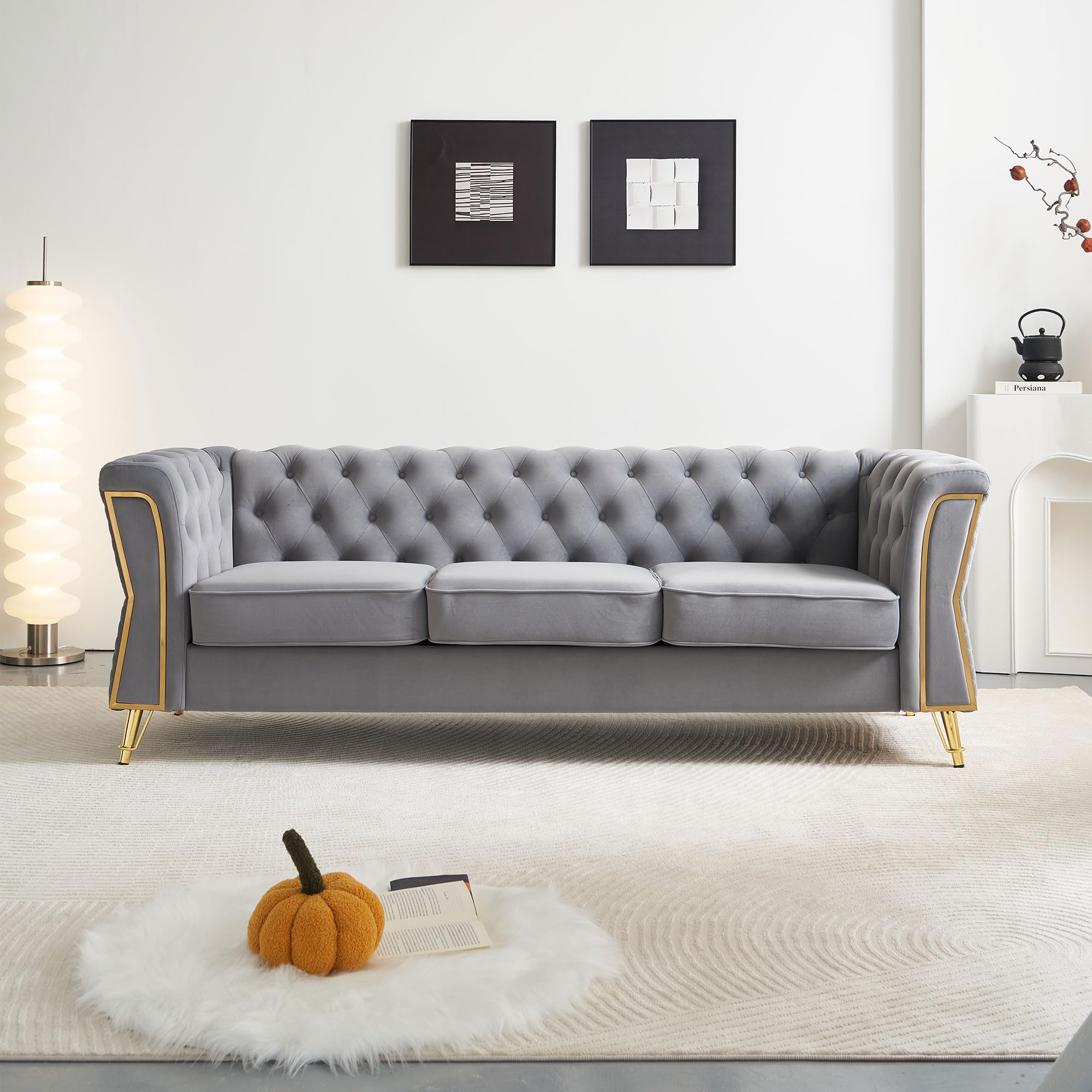 KEIKI 87" Chesterfield Velvet Button Tufted Sofa with High Density Foam Cushions, Modern Style 3-Seater Couch with Gold Strip Trim Decoration, Easy Assembly, for Apartment, Living Room, Office, Grey