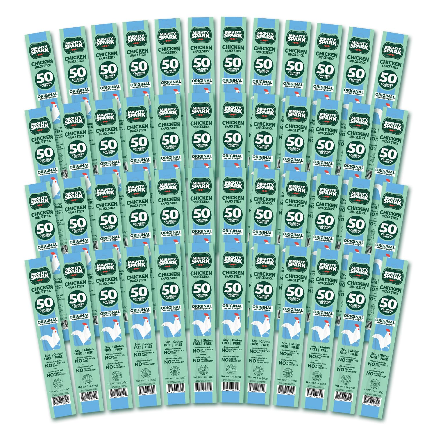 Mighty Spark Chicken Snack Sticks - Original Sea Salt & Pepper - 6g of Protein, No Antibiotics Ever, No Hormones Added, Gluten Free, Soy Free Meat Sticks - High Protein Keto Snacks, Weight Watchers Approved Snacks - 48 Count