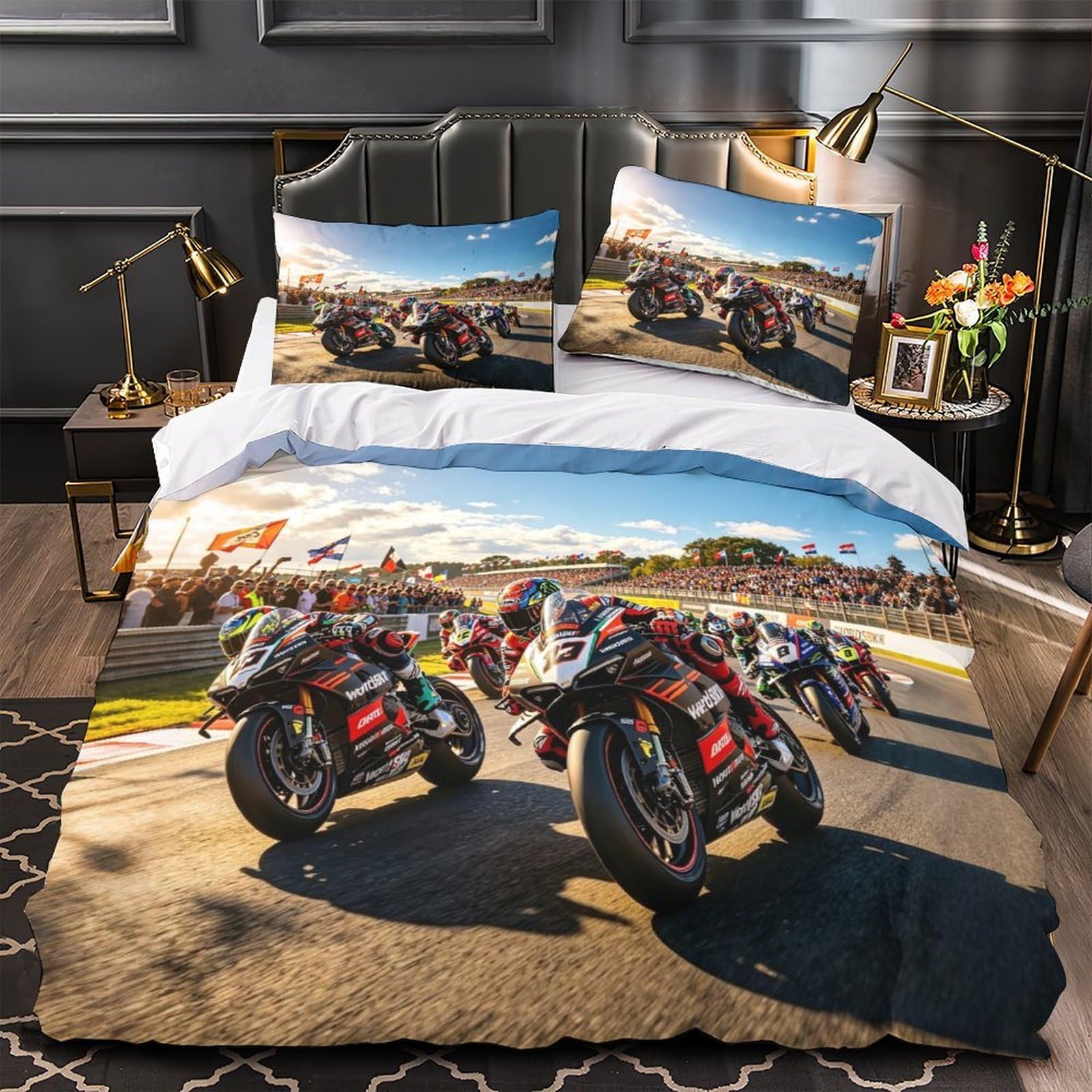 DAFUfbw Motorcycle Race Bedding Set Double（200x200cm） Motor Road Racing Duvet Cover Set with Pillowcases, Soft Microfiber Comforter Cover for Boys, Girls, Adults
