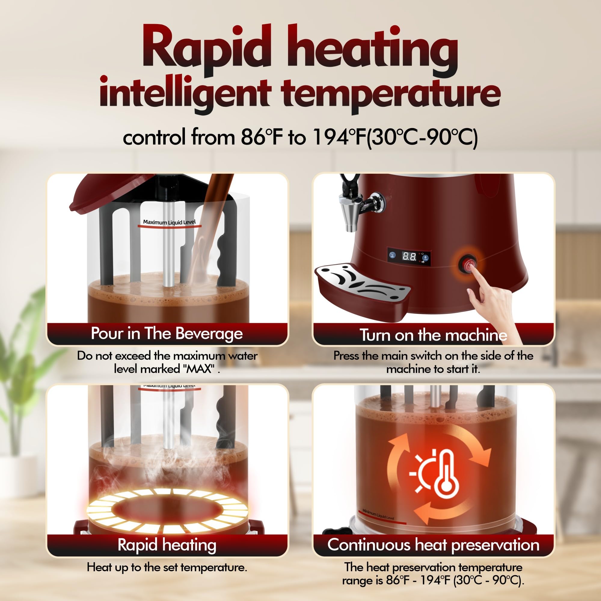 Macchina per Cioccolata Calda Commerciale 10L/2,64Gal, con Riscaldatore per Bevande Calde a Controllo Temperatura Intelligente, Intervallo di Temperatura 86°F-194°F,XL 99W 6i2