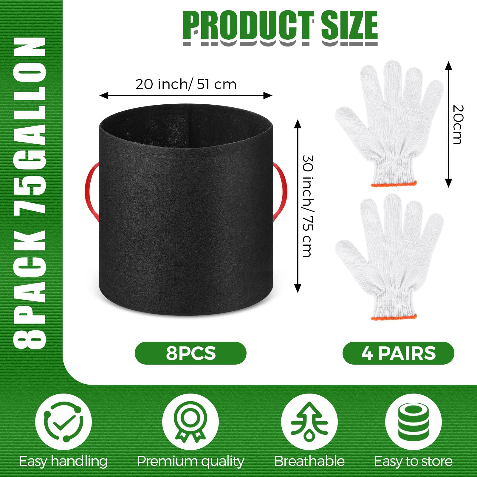 Nuenen Lot de 8 sacs de culture en tissu non tissé respirant avec poignées - Pots de légumes avec gants pour jardin, légumes, pommes de terre, fleurs (200 l)