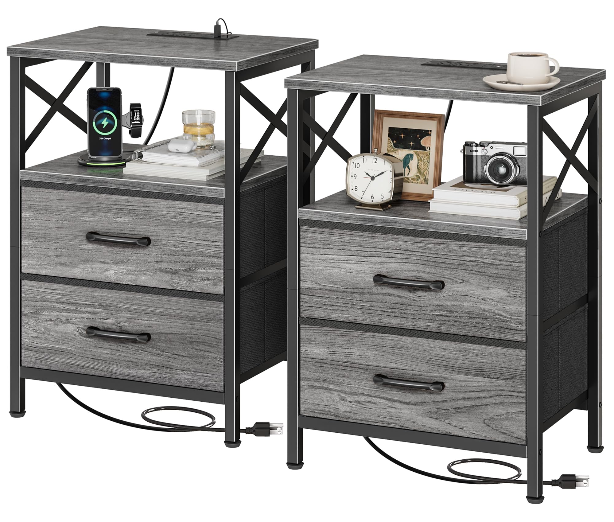 Huuger 8002GC Nightstand in a bedroom setting with a charging phone and decorative items.