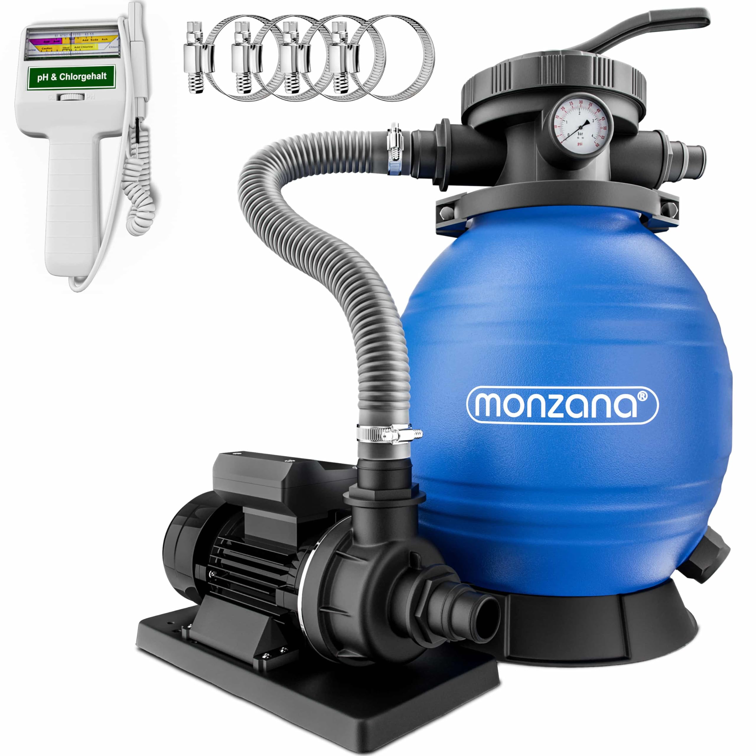 MONZANA® Depuradora Piscina 10.200L/h Filtro de Arena Autocebante Válvula 7 Funciones Filtrado 450W Adaptador Ø32-38mm incl. Medidor Cloro y PH Bomba Indicador de Presión