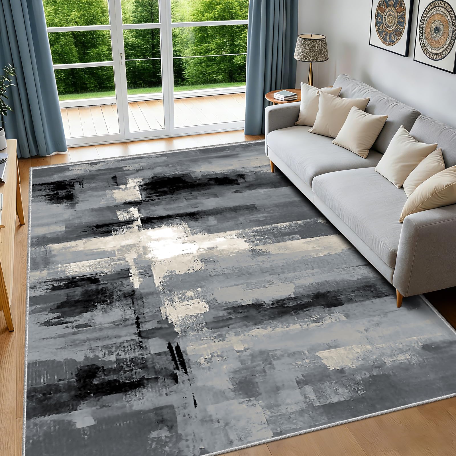 FTCJWL Grey Abstract Rug for Living Room, Large Machine Washable Area Rug Non-Slip Modern Charcoal & Silver Oil Painting Carpet, Soft Low Pile Rug for Bedroom Office Dining Room, 160x230cm