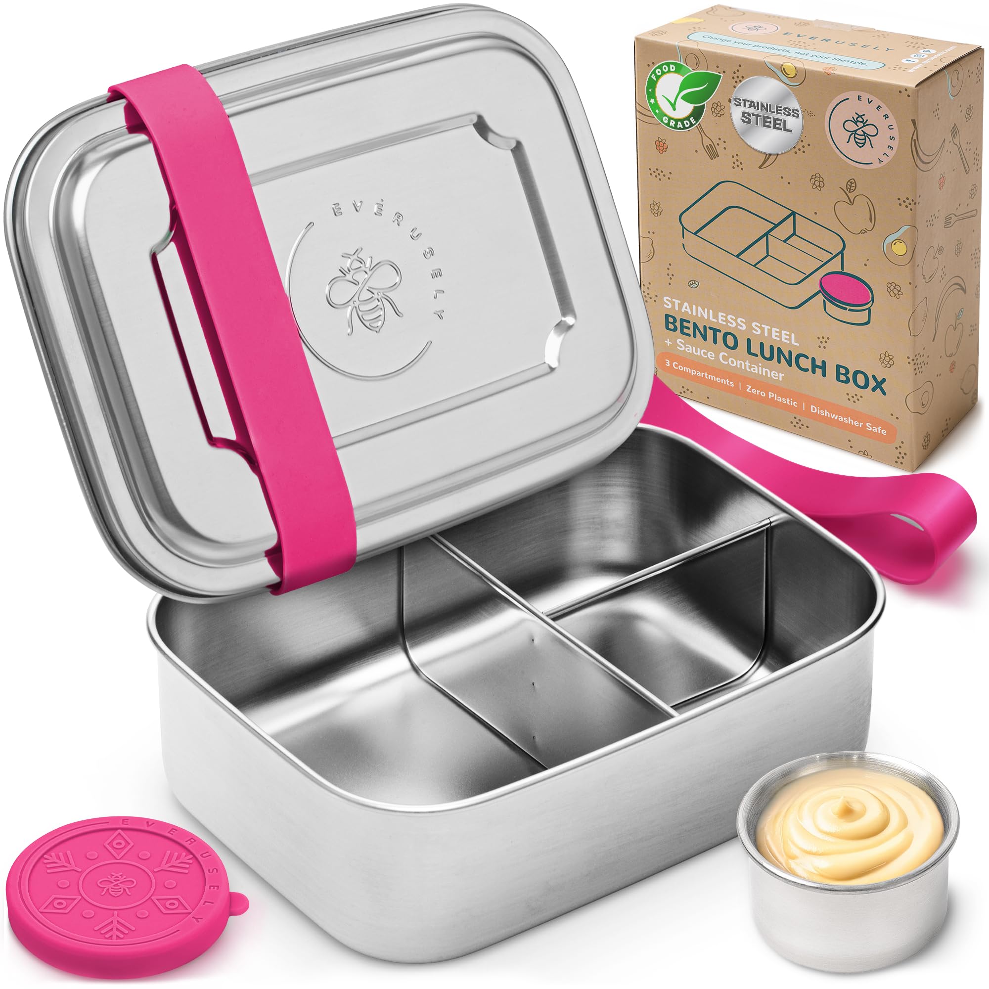 Everusely - Bento Box - Dragon Fruit, 37oz / 1.1 L - Stainless Steel Lunch Box with Leakproof Condiment Container - 3 Compartment Snack Container Office Meals - Freezer & Dishwasher Safe — image 1