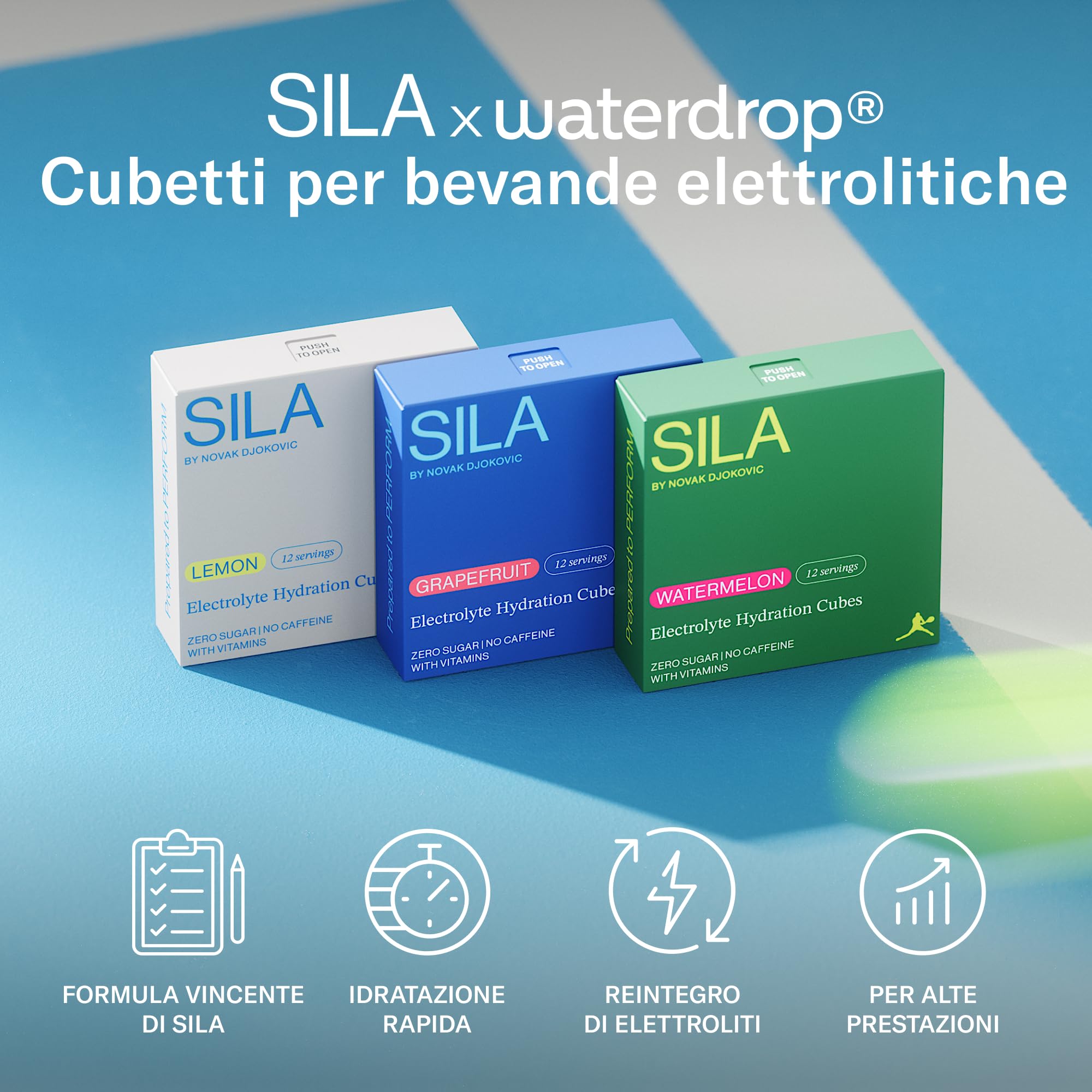 waterdrop® x SILA, Novak Djokovic - bevanda sportiva, elettroliti e vitamine, bevanda elettrolitica senza zucchero, rapida idratazione, 36 porzioni di polvere elettrolitica, 18 litri