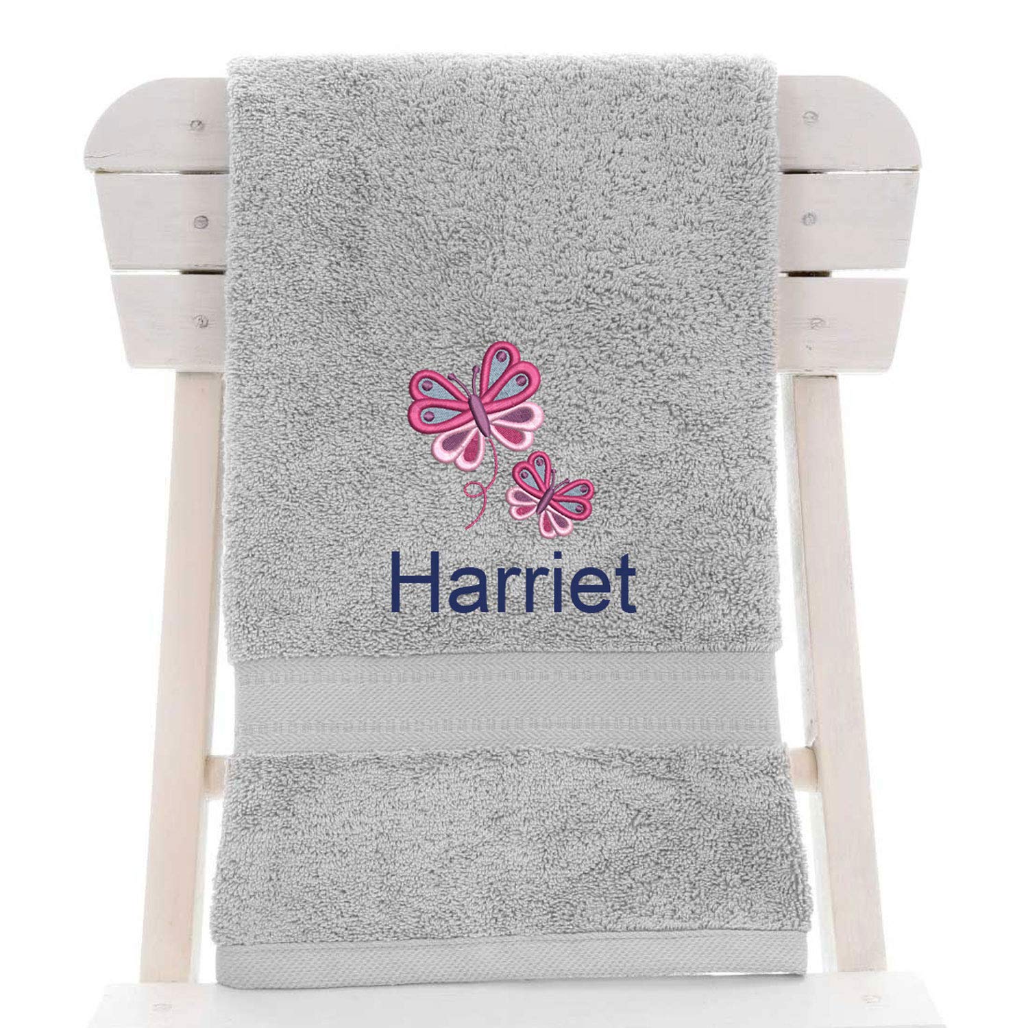 aztex Personalised Children's 100% Cotton Bath Towel with Butterfly Logo & Name, 550gsm, 70cm x 130cm - Silver