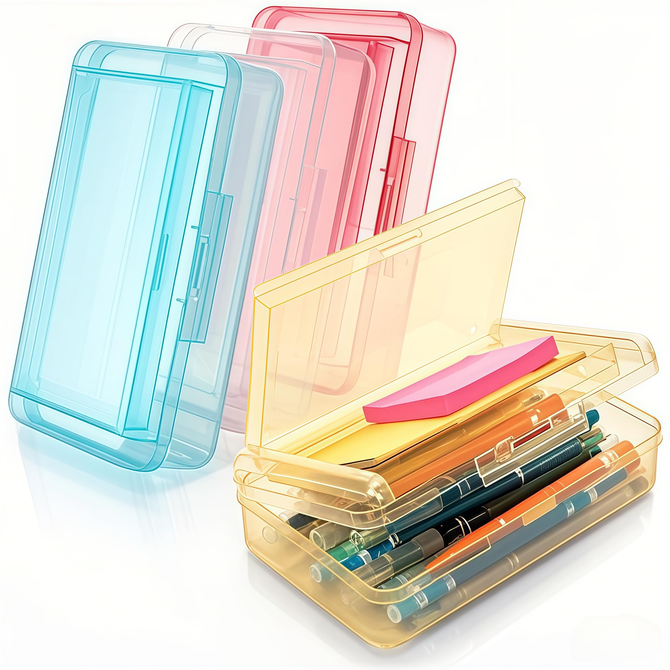YIMITEE 4 Pack Double Layer Pencil Box, Plastic Hard Pen Case with Snap Lid, Large Capacity Clear Crayon Storage Box, Stackable Painting Brush